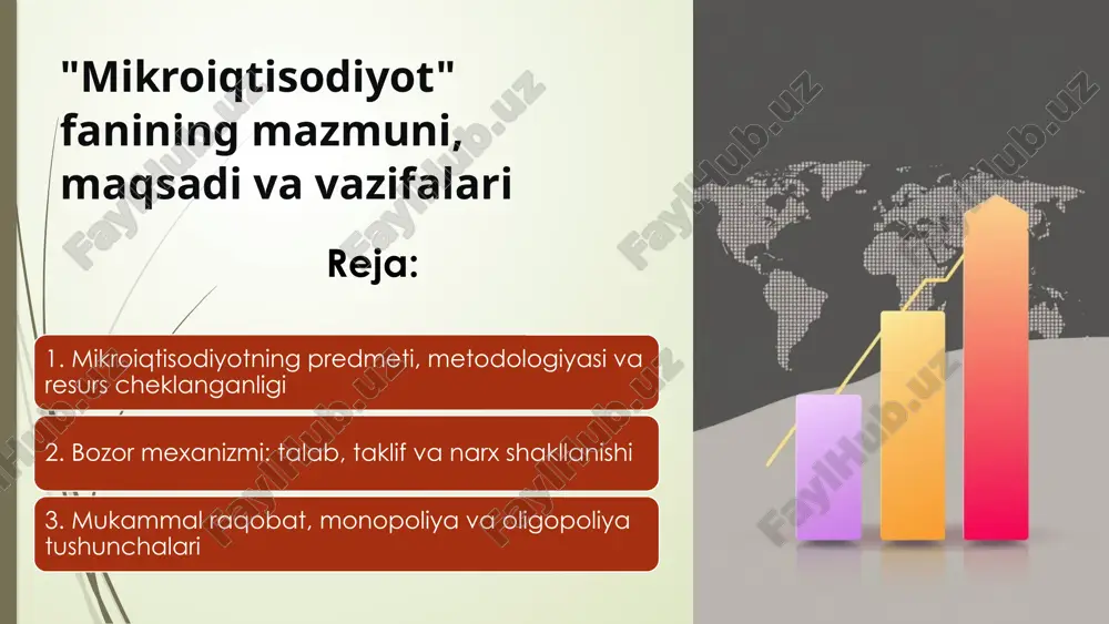 arning ma'lum narx darajasida ma'lum miqdorda tovar yoki xizmat sotib olish istagidir. bu narxning pasayishi bilan odatda talab oshadi. taklif taklif ishlab chiqaruvchilarning ma'lum narxda tovar yoki xizmat ko‘rsatishga tayyorligi va imkoniyatidir. narx ko‘targanda taklif ko‘payadi. narx shakllanishi bozor mexanizmi talab va taklif o‘rtasidagi muvozanatni ta’minlaydi. ushbu muvozanat narxni belgilaydi va resurslar samarali taqsimlanishiga yordam beradi. 6 iste'molchining xulq-atvori nazariyasi qaror qabul qilish iste’molchilar ehtiyojlarini qondirish uchun resurslarini qanday sarflashini o‘rganadi, ular eng foydali va maishiy qarorlarni qabul qilishadi. foyda himoyasi har bir iste’molchi maksimal sub’yektiv foyda olishga intiladi, ya’ni o‘zi uchun eng yuqori qoniqishni ta’minlovchi tovar va xizmatlarni tanlaydi. cheklovlar daromad va narxlar iste’molchilarning tanlov imkoniyatlarini chegaralaydi, bu esa iste’molning samarali taqsimlanishini shakllantiradi. 7 ishlab chiqarish va xarajatlar nazariyasi ishlab chiqarish omillari mehnat, yer va kapital birikmasi ishlab chiqarish hajmini aniqlaydi. xarajatlar turlari o‘zgaruvchi va doimiy xarajatlar, ularning o‘sishi ishlab chiqarish qarorlarini ta’sir qiladi. optimallashtirish ishlab chiqaruvchi xarajatlarni kamaytirish …