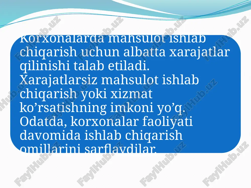 xarajatlar, ularga tarmoqni, korxonani boshqarish bilan bog‘liq bo‘lgan barcha xarajatlar; - boshqa operatsion xarajatlar, jumladan, loyihalarni tuzish bilan bog‘liq xarajatlar va hokazo. moliyaviy faoliyat bo‘yicha xarajatlarg barcha turdagi kreditlar bo‘yicha, mol-mulkning ijara haqi to‘lovlari hamda qimmatli qog‘ozlarni chiqarish, sotish, tarqatish bilan bog‘liq bo‘lgan xarajatlar kiradi. favqulodda xarajat va zararlar esa korxonalarning odatdagi faoliyatidan chetga chiquvchi hodisalar yoki operatsiyalar natijasida vujudga keladigan va ro‘y berishi kutilmagan odatdan tashqari xarajatlar kiradi. masalan, zilzila, sel kabi tabiiy ofatlar natijasida ko‘rilgan zararlar. korxonalarda amalga oshiriladigan xarajatlarni ayrim belgilariga ko’ra turkumlash mumkin. jumladan, korxonalardagi xarajatlarni o‘zgaruvchan va doimiy xarajatlarga bo‘lish mumkin. doimiy xarajatlar ishlab chiqarilayotgan mahsulot hajmiga bog‘liq bo‘lmagan holda amalga oshiriladi. masalan, ijaraga olingan asosiy vositalarga to‘lanadigan ijara haqi, asosiy vositalarning amortizatsiya summasi va boshqalar doimiy xarajatlar tarkibiga kiradi. o‘zgaruvchan xarajatlar ishlab chiqariladigan mahsulot hajmining o‘zgarishi bilan bevosita bog‘liqdir. ishlab chiqariladigan mahsulotlar miqdorining ko‘payishi o‘zgaruvchan xarajatlar ko‘proq sarflanishini taqozo etadi. ularga xomashyo, mehnatga to‘lanadigan …