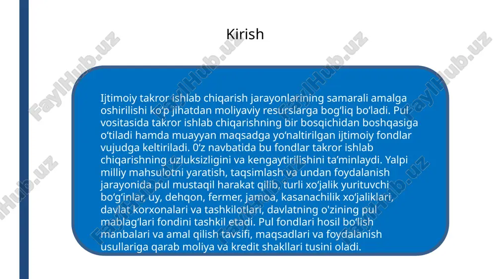 ing asosiylari sifatida quyidagi munosabatlarni ko‘rsatish mumkin: -davlatlararo moliyaviy munosabatlar; - davlat va turli xalqaro tashkilotlar, xorijiy firma va korxonalar o‘rtasidagi moliyaviy munosabatlar; - boshqaruvning turli darajalaridagi davlat organlari o‘rtasidagi moliyaviy munosabatlar; - davlat va korxonalar o‘rtasidagi moliyaviy munosabatlar; - davlat va jamoat tashkilotlari o‘rtasidagi moliyaviy munosabatlar; - davlat va aholi o‘rtasidagi moliyaviy munosabatlar; ~ korxonalararo moliyaviy munosabatlar korxonalar va banklar o‘rtasidagi moliyaviy munosabatlar - korxona ichidagi xo‘jalik aloqalariga xizmat qiluvchi moliyaviy munosabatlar va boshqalar. moliya iqtisodiyot doirasida o‘zaro bog‘liq bo‘lgan quyidagi vazifalarni bajaradi: 1 3 2 4 iqtisodiy jarayonlarni, loyihalar va tadbirlami pul resurslari bilan ta’minlash va unga xizmat ko‘rsatish vazifasi; rag‘batlantirish vazifasi; taqsimlash vazifasi; nazorat qilish vazifasi. moliyaviy munosabatlar va ularga xizmat qiluvchi maxsus muassasalar jamiyatning moliya tizimini tashkil qiladi. bu tizim davlat va boshqa turli darajadagi byudjetlami, ijtimoiy, mol-mulk va shaxsiy sug‘urta fondlarini, davlatning valyuta zaxiralarini, banklar, pul muomalasi, kredit va soliq tizimi, korxona va firmalar, tijorat …