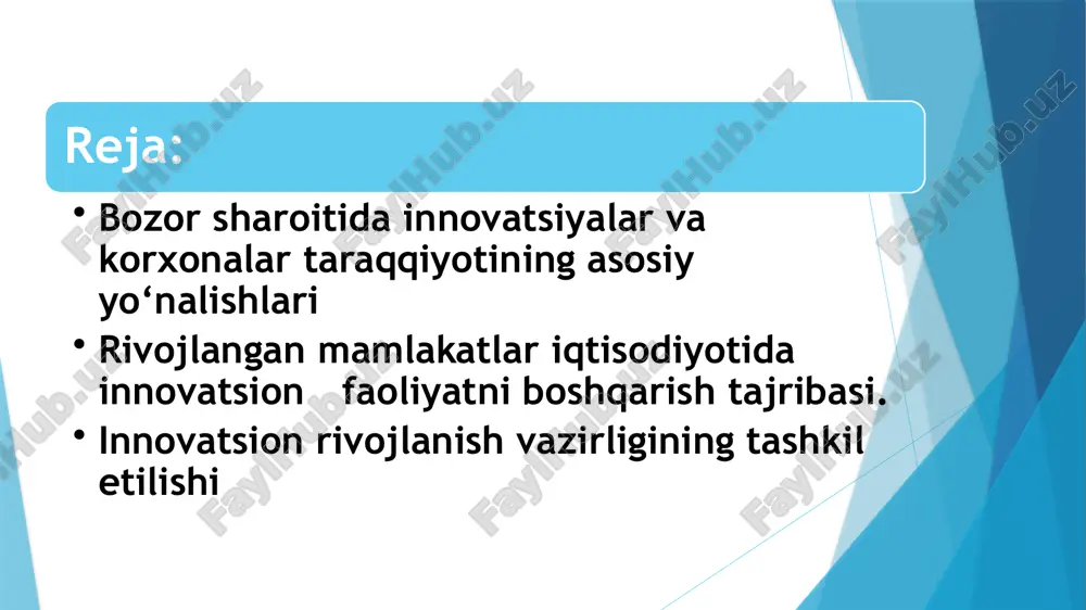 moslashtirish muammosi startaplar yangi g‘oyalar, moslashuvchanlik barqaror emas, moliyaviy xavf yuqori dxsh yirik loyihalarni moliyalash mumkin hamkorlar o‘rtasida qarama-qarshilik yuzaga kelishi mumkin innovatsion rivojlanish uchun mas’ul idoralarning asosiy vazifasi innovatsiya va fan yutuqlarini keng joriy etish hisobiga mamlakatning iqtisodiy o‘sishi va jahon bozorlaridagi raqobatbardoshligini ta’minlash hamda iqtisodiyotda intellektual ulushning ko‘payishi hisoblanadi. 2017-2021 yillarda o‘zbekiston respublikasini rivojlantirishning beshta ustuvor yo‘nalishi bo‘yicha harakatlar strategiyasida aholi farovonligini tubdan oshirish va turmush sifatini yaxshilash, jamiyat va davlatni har tomonlama hamda jadal rivojlantirish, mamlakatni modernizatsiya qilish va hayotning barcha sohalarini liberallashtirish bo‘yicha aniq maqsadlar belgilab olindi. innovatsion shakllarga o‘zbekistondan va xorijdan misollar davlat korxona/misollar shakli qisqacha tavsif o‘zbekiston artel engineering, orient group ichki innovatsiyalar mahalliy ilmiy bo‘limlar orqali texnologik yechimlar ishlab chiqiladi o‘zbekiston it park rezidentlari (startaplar) startap shakli innovatsion g‘oya asosidagi raqamli texnologiya loyihalari germaniya siemens innovation hub dxsh va ichki tadqiqotlar yirik loyihalar davlat yordami bilan amalga oshiriladi aqsh tesla, spacex ichki + …