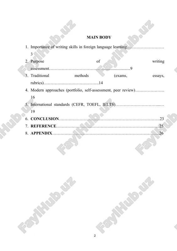 tive assessment techniques that can help educators and learners improve writing proficiency. understanding the different approaches to evaluation ensures that students receive constructive feedback, which enhances their ability to communicate in a foreign language. the structure of this course work consists of: • introduction • main body five pharagraphs • conclusion • reference • glossary the introductory part provides an overview of the importance of assessing writing skills in foreign language learning and the evolving methods used in evaluation. the main part consists of three sections, discussing different assessment techniques, their effectiveness, and the challenges involved. the course work concludes with recommendations on improving writing assessments to enhance language proficiency. 1. importance of writing skills in foreign language learning. writing is one of the fundamental skills in language learning, alongside listening, speaking, and reading. it is a productive skill that allows learners to express their ideas, thoughts, and emotions in …