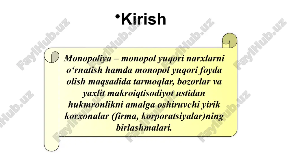 lib olinishi va h.k. bo‘yicha kelishuv asosida amalga oshiriladi. sindikat bir turdagi mahsulot ishlab chiqaruvchi bir necha korxonalarning birlashmasi. bunda ishlab chiqarish vositalariga mulkchilik birlashma ishtirokchilarining o‘zida saqlanib qolgani holda, ular tomonilan ishlab chiqarilgan mahsulot maxsus tashkil etilgan yagona sotish tashkiloti orqali amalga oshiriladi. sun’iy monopoliyalarning namoyon bo‘lish shakllari trest ishlab chiqarish vositalari va tayyor mahsulotga birgalikdagi mulkiy egalikni ta’minlovchi ishlab chiqaruvchilarning yuridik shaxs ko‘rinishidagi birlashmasi. konsorsium tadbirkorlarning yirik moliyaviy operatsiyalarini birgalikda amalga oshirish maqsadida birlashuvi konsern rasmiy jihatdan mustaqil bo‘lgan, ko‘p tarmoqli korxonalar (sanoat, savdo, transport va bank kabi turli soha korxonalari) ning majmuini o‘z ichiga oluvchi birlashma. monopoliyaning ijobiy va salbiy jihatlari. ijobiy tomomlari birinchidan, u boshqa bir ma’lum tarmoqlarga nisbatan samarali amal qiladi va xarajatlarning tejalishiga olib keladi. ikkinchidan, monopolist bo’lmagan, mayda, raqobatlashuvchi korxonalarga nisbatan monopolistik korxonalarda ishlab chiqarish ilmiy-texnika taraqqiyoti yutuqlarini joriy etish uchun ko’proq rag’bat va imkoniyat mavjud bo’ladi. uchinchidan, ba’zi bir sohalarda monopoliya sohaning …