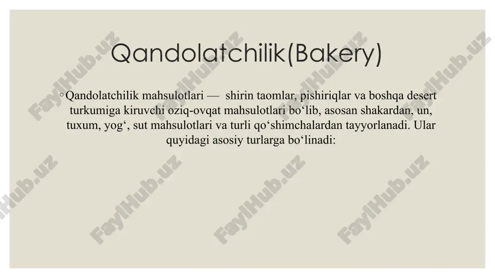 hma 12–72 soat davomida isitiladigan mikserlarda doimiy aralashtirib turiladi. bu bosqichda: achchiqlik kamayadi, aromat yaxshilanadi, strukturasi silliqlashadi. 6. temperlash (temperierung) shokolad ma’lum harorat oralig‘ida (27–32°c) isitiladi va sovutiladi. bu bosqich shokoladning porlashi, qattiqligi va sinuvchanligi uchun muhim. 7. qoliplash va sovitish tayyor shokolad qoliplarga quyiladi va sovutiladi. sovigan shokolad qolipdan olinadi. 8. qadoqlash shokolad havo, yorug‘lik va namlikdan himoyalovchi materiallarda qadoqlanadi. shokolad ishlab chiqarish uchun sanoat miqyosida maxsus uskunalar kerak bo‘ladi. quyida shokolad ishlab chiqarish liniyasining asosiy uskunalari keltirilgan: 1. kakao loviyasini qayta ishlash uskunalari: tozalash mashinasi – loviyani chiqindilardan tozalaydi. qovurish pechi (roaster) – kakao loviyasini kerakli haroratda qovuradi. loviyani yanchish uskunasi (winnower) – qovurilgan loviyani yanchib, po‘chog‘idan ajratadi. 2. maydalash va aralashtirish uskunalari: kakao pastasi maydalagichi (grinder) – kakao nibs’ni pastaga aylantiradi. aralashtirgich (mixer/blender) – kakao pastasi, shakar, sut kukuni va kakao yog‘ini aralashtiradi. 3. mayinlashtiruvchi uskunalar valikli maydalagich (refiner) – shokolad massasini mayin qilib, zarrachalarni kichiklashtiradi (~20 …