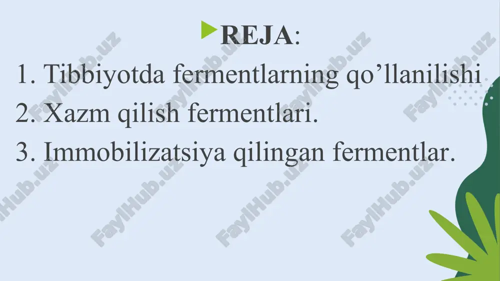 sanoat va tibbiyotda yuqori samarali texnologiya hisoblanadi. bu usul fermentlarni qattiq tayanchlarga biriktirish orqali ularning barqarorligini va qayta ishlatilish imkoniyatini oshiradi. tibbiyotda bu fermentlar dori preparatlarini ishlab chiqarishda va laboratoriya diagnostikasida ishlatiladi​ tibbiy texnologiyalarda fermentlardan foydalanish. laboratoriya diagnostikasida fermentlarning ma'lum substratlarga xosligi keng qo'llaniladi. ferment ingibitorlaridan foydalanish. kompleks ferment-antigen-antikor hosil bo'lishiga asoslangan immuno usullari laboratoriya diagnostikasida fermentlarning ma'lum substratlarga xosligi keng qo'llaniladi. fermentlarning o'ziga xosligi ulardan laboratoriya diagnostikasida keng foydalanishga imkon beradi. ularning asosiy xususiyati ma'lum bir substratga faqat o'ziga xos ta'sir ko'rsatishi hisoblanadi. masalan, glyukoza oksidaza glyukozaga ta'sir qiladi va bu fermentlar qon yoki boshqa biologik suyuqliklardan glyukozani aniqlash uchun ishlatiladi. bu usul diabet va boshqa metabolik kasalliklarni aniqlashda qo'llaniladi​ ferment-substrat kompleksining hosil bo'lishi fermentning faollik markazining substratning molekulyar tuzilmasiga mos kelishiga bog'liq. ushbu o'ziga xoslik "kalit va qulf" tamoyiliga asoslanadi, bu esa tahlillarning aniqligini ta'minlaydi. shuningdek, diagnostik maqsadlarda ast va alt fermentlari jigar va yurak kasalliklarini aniqlashda qo'llaniladi​ …