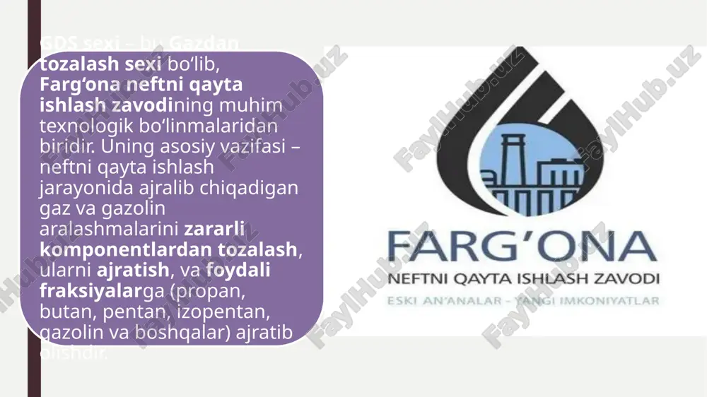 nolamin - mea) yordamida gazlardan sulfid vodorod va boshqa zararli moddalar ajratiladi va yutiladi. fraksiyalash: tozalangan gazlar quyidagi usullar bilan fraksiyalanadi: distillatsiya: gazlar harorat va bosimni o‘zgartirish orqali alohida fraksiyalarga ajratiladi. rektilifikatsiya: yengil uglevodorodlar ajratilib, keyinchalik boshqa sexlarga uzatiladi. sovutish va siqish: fraksiyalashdan olingan gazlar keyinchalik sovutiladi va siqiladi. bu usul orqali propan, butan kabi gazlar siqilib, transport yoki boshqa ishlov berish jarayonlariga yo‘naltiriladi. gds sexida ishlatiladigan qurilmalar va texnologiyalar absorberlar: gaz tarkibidagi zararli moddalardan tozalash uchun ishlatiladi. ular gazni suyuq reagentlar bilan yuvib, zararli gazlarni yutadi. reboilerlar: distillatsiya jarayonida issiqlikni ta'minlaydigan uskunalar. ular gazni kerakli haroratga qadar isitib, fraksiyalashni amalga oshiradi. rektilifikatsiya kolonnalari: gazlarni turli fraksiyalarga ajratish uchun ishlatiladi. kolonna ichida issiqlik va sovutish o‘zgartiriladi, natijada gazlar turli fraksiyalarga ajratiladi. sovutgichlar va kondensatorlar: gazlarni sovutish va suyuqlantirish uchun ishlatiladi. sovutish jarayoni orqali bug‘ holatdagi gazlar suyuqlikka aylantiriladi. avtomatik boshqaruv tizimlari: gds sexida barcha jarayonlar avtomatik nazorat qilish tizimi orqali …