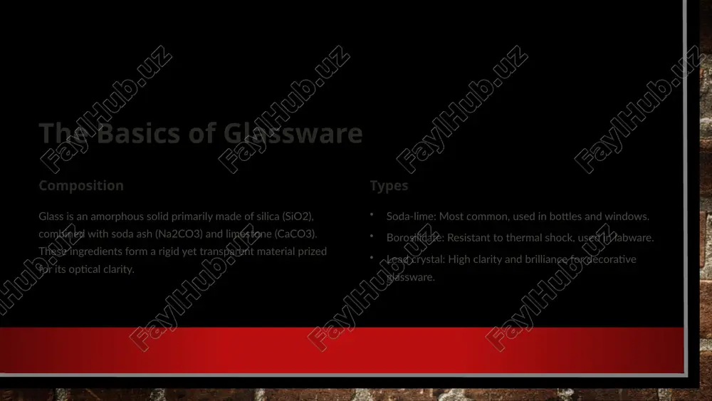 ing slowly under heat. 4 applications of glassware containers bottles for beverages and chemicals jars for food preservation specialized labware like beakers and test tubes structural and functional construction: windows, glass facades, and skylights tableware: glasses, plates, and decorative items scientific & tech: optical fibers transmitting data at high speeds 5 introduction to sitalls what are sitalls? sitalls are glass-ceramic materials created through controlled crystallization, combining properties of both glass and ceramics. composition made from similar base materials as glass but include nucleating agents like titanium dioxide (tio2) and zirconium dioxide (zro2) to initiate crystal formation during heat treatment. 6 manufacturing sitalls 1 glass forming initial production mirrors traditional glass manufacturing techniques. 2 crystallization heat treatment between 800-1200°c induces nucleation, forming tiny crystal nuclei. 3 crystal growth crystals expand within the glass matrix, enhancing material properties like strength and thermal stability. 7 properties of sitalls high strength resistant to mechanical …