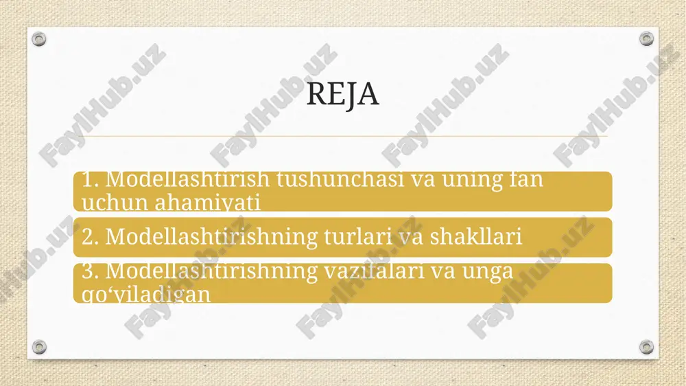asi bo‘lib, unga ko‘ra kelajakdagi ob-havo taxmin qilinadi. modellashtirish yordamida quyidagilar amalga oshiriladi: murakkab tizimlarni tushunish osonlashadi, eksperimentlar xavfsiz va kam xarajat bilan o‘tkaziladi, qarorlar qabul qilishda aniqlik oshadi, kelajakda yuzaga keladigan holatlar oldindan baholanadi. modellashtirishning asosiy turlari fizik modellar - real obyektning hajm, shakl yoki tuzilishiga o‘xshash, modellashtirilgan fizik namunalar. - masalan: aerodinamik quvurlaridagi samolyot qanoti modeli. matematik modellar - jarayon yoki obyektni matematik formulalar, tenglamalar va algoritmlar orqali ifodalash. - masalan: aholining o‘sish tezligini ifodalovchi differensial tenglama modeli. axborot (kompyuter) modellar - kompyuter dasturlari orqali yaratilgan raqamli modellar. - masalan: shahar transport tizimining simulyatsiyasi. imitatsion modellar - jarayonni vaqt bo‘yicha harakatlanishini taqlid qiluvchi modellar. - masalan: bankdagi mijozlar oqimini ifodalovchi navbat modeli. modellashtirish shakllari (xususiyatiga ko‘ra) abstrakt modellar - faqat muhim belgilarini aks ettiruvchi, real obyektning soddalashtirilgan shakli. - masalan: iqtisodiy tizim modelida faqat asosiy ko‘rsatkichlar olinadi. konkret modellar - real obyektga maksimal darajada o‘xshatilgan modellar. - masalan: …