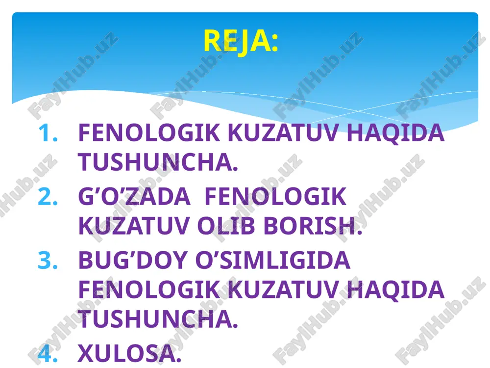 glar, shoxlarini hisobga olish, gullashni, etilganligini foizlarda hisoblash va boshqa kuzatishlar o’tkazish uchun kamida 100 ta o’simlik. 1 . unib chiqish fazasi.(5-7kun) bunda kuzatish unib chiqqan nihollar soni va ular paydo bo’lgan uyalarni sanashdan iborat bo’ladi .uya- lami umumiy soniga nisbatan unib chiqqan uyali u ru g 'lar soni 10 % va undan oshiq b o 'lsa unib chiqish fazasini boshlanish belgisi va 50 % ga yetgach yalpi unib chiqish deb qabul qilingan. nihollarni hisoblash kamida uch muddatda: nihollar ko’rina boshlaganda ular qiyg’os unib chiqqanda to’liq unib chiqqanda o’tkaziladi. har galgi kuzatuv sanasidagi nihollar soni nazariy tup soniga yoki uya soniga nisbatan 1 ga maydonga hisoblab ko’rsatiladi. g’o’zada fenologik kuzatuv navlar nomi ekilgan yil ekilgan maydon o’suv davri tola chiqishi % bitta ko’sak og’irligi,gr tola tipi mikroneyr c-6524 1988 290.3 127-130 32.1 5.4 4 4.3 buxoro-6 1990 218.6 122-130 34.4 7.5 4 4.4 mehnat 2006 41.8 124-126 32.6 6.0 4 …