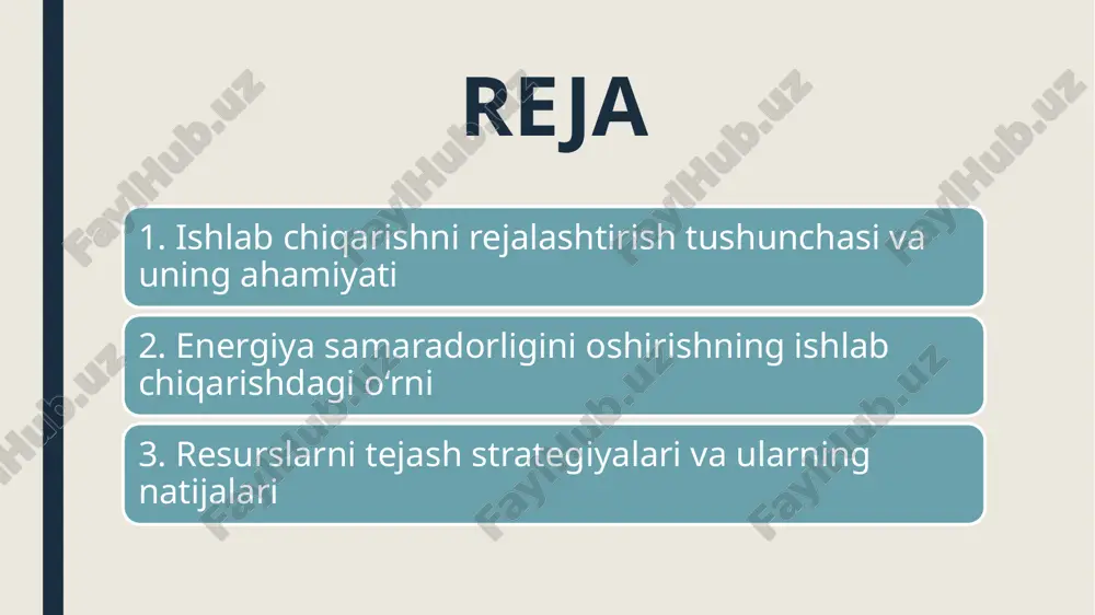 lar cheklangan bo‘lib, ularning narxi yil sayin oshib bormoqda. shuning uchun, energiya sarfini tahlil qilish, xarajatlarni hisoblab chiqish va keraksiz isrofgarchilikni aniqlash orqali xarajatlarni kamaytirish muhim bo‘ladi. iqtisodiy tahlil energiya iste’molining quyidagi sohalar bo‘yicha amalga oshiriladi: yoritish tizimi; ishlab chiqarish uskunalari; ventilyatsiya va isitish tizimlari; sovitish va quritish texnologiyalari. energiya tejamkor texnologiyalarni joriy etish zamonaviy ishlab chiqarish jarayonlarida energiyani kam sarflovchi, samarali texnologiyalardan foydalanish zarur. bunga quyidagilar kiradi: led yoritish tizimlari; invertorli dvigatellar va avtomatik boshqaruv tizimlari; issiqlikni qayta ishlovchi tizimlar (rekuperatorlar); yuqori samarali izolyatsiyalangan uskunalar; qayta tiklanuvchi energiya manbalari (quyosh panellari, shamol turbinalari). korxonada energiya iste'molini monitoring qilish va optimallashtirish energiya samaradorligini oshirish uchun doimiy monitoring va nazorat muhim ahamiyatga ega. bu jarayonga quyidagilar kiradi: har kunlik yoki haftalik energiya sarfini hisoblash; yuqori sarfli joylarni aniqlab, ularda optimallashtirish choralarini ko‘rish; avtomatlashtirilgan nazorat tizimlarini (scada, ems) joriy etish; energiya samaradorligi bo‘yicha ichki auditlarni o‘tkazish. korxonada energiyani boshqarish tizimi to‘g‘ri ishlasa, …
