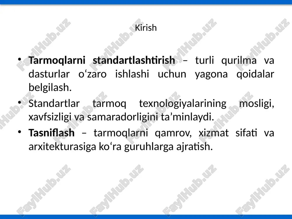 qaytadan so'raladi yoki so'rov bekor qilinadi (bu tushunchalar nisbiy hisoblanib, ma'lumot almashinuv aynan aytilganidek amalga oshirilmaydi). osi modeli va asosiy protokollar 7. ilova (application) http – hypertext transfer protocol (veb sahifalar) ftp – fayl uzatish protokoli smtp – elektron pochta protokoli 6. taqdimot (presentation) ssl/tls – shifrlash protokollari jpeg/mpeg – multimedia formatlari 5. sessiya (session) netbios – sessiyalarni boshqarish rpc – remote procedure call (masofaviy protsedura chaqiruvi) 4. transport (transport) tcp – transmission control protocol (uzatishni boshqarish) udp – user datagram protocol (foydalanuvchi datagramma protokoli) 3. tarmoq (network) ip – internet protocol icmp – internet control message protocol ipsec – xavfsizlik protokoli 2. kanal (data link) ethernet – mahalliy tarmoq ppp – point-to-point protocol frame relay – wan protokoli 1. fizik (physical) utp/stp – mis kabellar fiber optic – optik tolalar dsl – digital subscriber line kompyuter tarmoqlarini tasniflash lan (local area network) – lokal tarmoq, kichik hududda man (metropolitan …