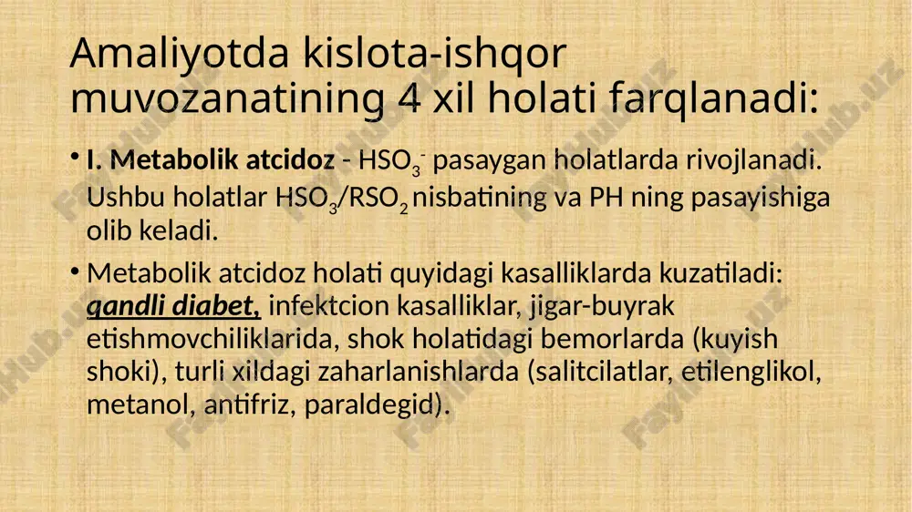 maqsadida parhez, jismoniy harakatlar, xab dorilar (biguanidlar, sulfanilamidlar va boshqalar) qo‘llaniladi. bu ikki asosiy turdan tashqari gestatsion diabet ham uchrab turadi. gestatsion diabet, ya’ni homiladorlar diabeti, bu homiladorlik davrida birinchi marta aniqlangan har xil (glyukozaga turg‘unlikning buzilishidan, klinik namoyon bo‘lgan diabetgacha) uglevodlarga turg‘unlikning buzilishidan kelib chiqadi. kasallikning ushbu turi ayol tuqqanidan so‘ng yo‘qolib ketadi. lekin bu holat kelgusida ayollarda qayta vujudga kelishi mumkin. bundan tashqari, qandli diabetning boshqa maxsus turlari ham uchraydi. qandli diabet o‘z asoratlari bilan juda xavflidir. bu asoratlar har xil ko‘rinishda bo‘lishi kuzatiladi. o‘z vaqtida kasallik aniqlanmagan bo‘lsa, qonda qand miqdori keskin oshib, diabet komasi – o‘tkir asoratiga olib kelishi mumkin. uzluksiz doimiy ravishda qonda qand miqdori sog‘lom kishilarnikiga nisbatan yuqori yurgan bemorlarda esa, qon-tomir asoratlari rivojlanishi mumkin. bu asoratlar mayda tomirlarda – ko‘zda retinopatiya, buyraklarda – nefropatiya, yirik tomirlarda – yurak ishemiya kasalligi, miya tomirlarida – qon aylanishini buzilishi, oyoqda – diabet to‘pig‘i shaklida namoyon bo‘ladi. …