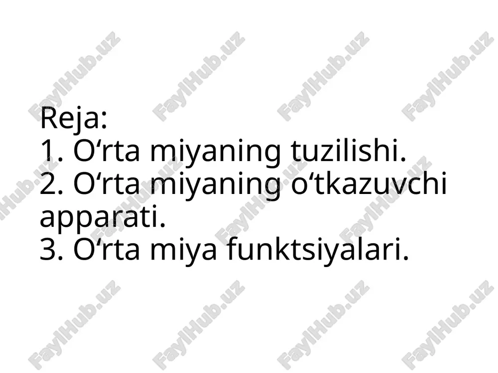 o‘ladigan turli xil harakatlar uchun reflektor markaz sifatida ta’riflash mumkin. o‘rta miya tomi sohasida quyidagilar joylashadi: – to‘rt tepalik yaproqlari (larnina quadrigemina); – yuqori tepachalar (colliculus superior); – pastki tepachalar (colliculus inferior); – pastki tepachalar o‘zagi (nuclei colliculi inferioris); – pastki tepachalarning qo‘lchalari (brachium colliculi inferioris); – yuqori tepachalarning qo‘lchalari (brachium colliculi superiores); – pastki tepachalar bitishmasi (comissura colliculi inferioris); – yuqori tepachalar bitishmasi (comissura colliculi superioris); – g‘altak nervi tolalarining kesishmasi (decussatio fibrarum nervorum trochlearum). o‘rta miyaning ko‘ndalang kesimida o‘rta miya tomining tepasi (qoplamasi)da eng yirik va ko‘zga tashlanadigan hosila bo‘lib qizil o‘zak (nucleus ruber) hisoblanadi, u qoramtir moddadan (substantia nigra) biroz orqaroqda joylashadi, cho‘zinchoq shaklga ega va pastki tepaliklardan boshlab ko‘ruv bo‘rtig‘igacha davom etadi. qizil o‘zakdan tashqariroqda va yuqorida, miya oyoqchasi tomi tepasida medial qovuzloq tarkibiga kiruvchi tolalar tutami ko‘rinadi (frontal kesimda). medial qovuzloq va markaziy kulrang modda orasida nerv hujayralari o‘simtalarining o‘zaro tutashib ketishidan hosil bo‘lgan to‘rsimon …