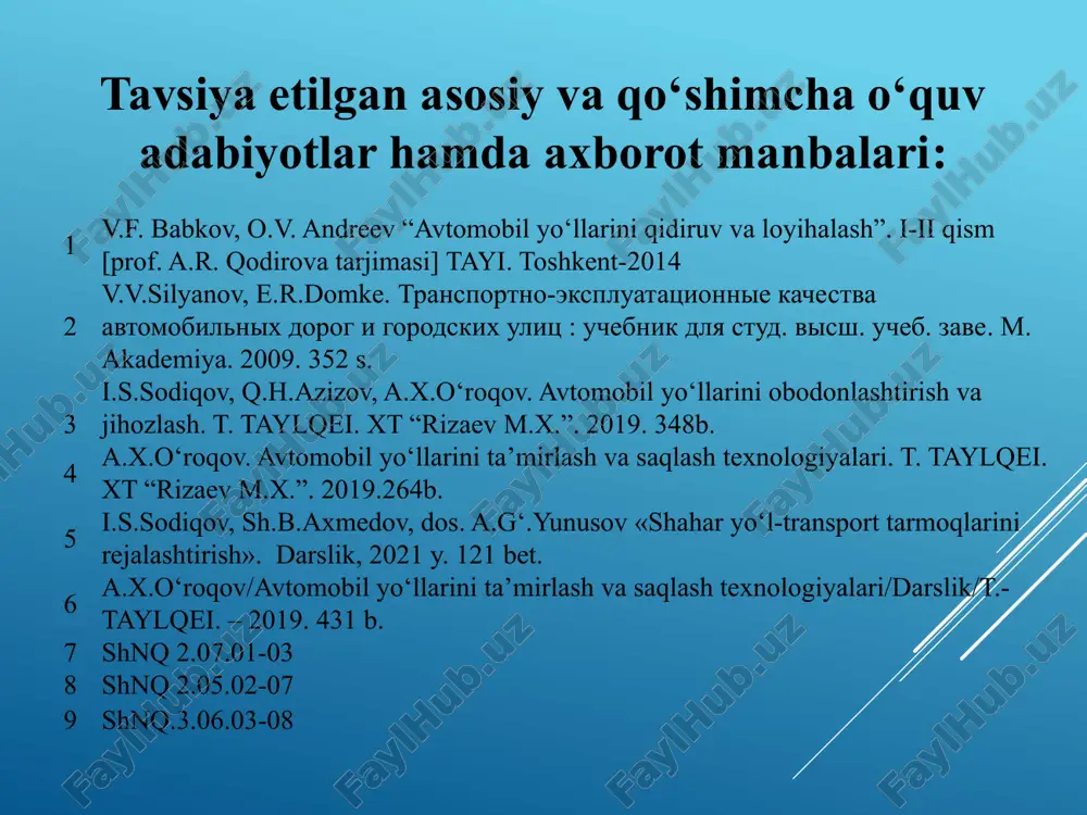amir temur shoh ko’chasi ko’cha yo’l tarmog’i 4 yo‘l— transport vositalari qatnovi uchun qurilgan yoki moslashtirilgan va xuddi shu maqsadda foydalaniladigan yer mintaqasi yoxud sun’iy inshoot yuzasi. yo‘l o‘z ichiga avtomobil yo‘llarini (umumiy foydalanishdagi va idoraviy avtomobil yo‘llarini), shaharlar, shaharchalar va yishloq aholi punktlarining ko‘chalari va yo‘lkalarini, shuningdek shahar elektr transporti yo‘llarini oladi; ko‘cha-axoli yashash joylari chegarasidagi shahar avtomobil yo‘li. shahar yo`llari va ko`chalari shnq 2.07.01-03 ga asosan tasniflanadi: 5 ko‘chalar va yo‘llar toifalari ko‘chalar va yo‘llarning asosiy vazifalari 1 2 i. shahar ahamiyatidagi magistral ko‘chalar: to‘xtovsiz harakat aholi punktining ichidagi funksional zonalararo aloqalar, tashqi avtomobil yo‘llari bilan aloqalar. transportning barcha turlarini o‘tkazish. harakati to‘xtovsiz. magistral ko‘chalar bilan turli sathlarda kesishish. tartibga solinadigan harakat aholi punkti rejaviy karkas o‘qini hosil qiladi. tartibga solinadigan magistrallar bo‘ylab aholi punkti rivojlanadi, ularda ommaviy qatnov ob’ektlari joylashadi, ommaviy yo‘lovchi transporti, yengil avtomobillar va piyodalarning kuchli harakati bo‘ladi. ko‘chalar va yo‘llar toifalari harakati intensivligi, transport …