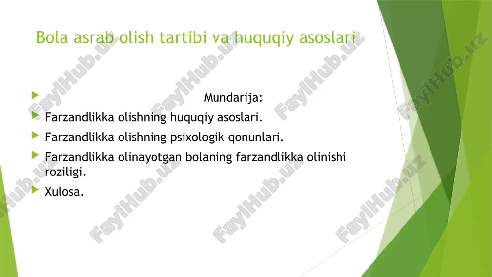 an odam o‘ldirmagan, ruhan sog‘lom, norkologik va psixologik kasalliklarga duchor bo‘lmagan hamda bolaga bosim o‘tkazadigan darajada asab kasalliklarini boshidan o‘tkazmagan bo‘lishi shart. bu bosqichlar o‘z yakuniga yetgach, asosiy ishlar boshlanadi. farzandlikka olish bolani farzandlikka olishni istagan shaxslarning arizasiga ko‘ra, vasiylik va homiylik organlarining farzandlikka olishning asosliligi va farzandlikka olinayotgan bola manfaatlariga to‘g‘ri kelishi haqidagi xulosasi inobatga olingan holda, sud tomonidan amalga oshiriladi. farzandlikka olish to‘g‘risidagi ariza bolani farzandlikka olishni istagan fuqarolar tomonidan farzandlikka olinayotgan bolaning yashash joyidagi fuqarolik ishlari bo‘yicha tumanlararo sudiga berilib, tayyorlangan hujjatlar ilova qilinadi bola asrab olish tartibi va huquqiy asoslari voyaga yetmagan bolalarni farzandlikka olish oila kodeksi hamda vazirlar mahkamasining 1999 yil 12 apreldagi “o‘zbekiston respublikasining oila kodeksini amalga oshirish uchun zarur bo‘lgan me’yoriy hujjatlarni tasdiqlash to‘g‘risida”gi 171-son qarori bilan tasdiqlangan voyaga yetmagan bolalarni farzandlikka va bolalarni oilaga tarbiyaga olish (patronat) to‘g‘risida nizom asosida amalga oshiriladi. farzandlikka olish faqat ota-ona qaramog‘idan mahrum bo‘lgan voyaga yetmagan bolalarga …