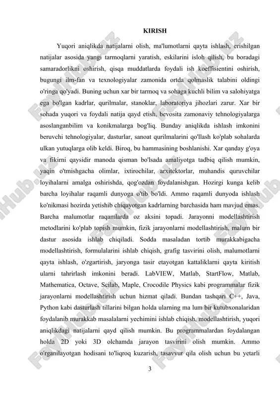 ashtirish, formulalarini ishlab chiqish, grafig tasvirini olish, malumotlarni qayta ishlash, o'zgartirish, jaryonga tasir etayotgan kattaliklarni qayta kiritish ularni tahrirlash imkonini beradi. labview, matlab, startflow, matlab, mathematica, octave, scilab, maple, crocodile physics kabi programmalar fizik jarayonlarni modellashtirish uchun hizmat qiladi. bundan tashqari c++, java, python kabi dasturlash tillarini bilgan holda ularning ma lum bir kutubxonalaridan foydalanib murakkab masalalarni yechimini ishlab chiqish, modellashtirish, yuqori aniqlikdagi natijalarni qayd qilish mumkin. bu programmalardan foydalangan holda 2d yoki 3d olchamda jarayon tasvirini olish mumkin. ammo o'rganilayotgan hodisani to'liqroq kuzarish, tasavvur qila olish uchun bu yetarli bo'lmaydi. buning uchun uning virtual olamini yaratish kerak. hozirgi vaqtda virtual laboratoriyalar, kompyuterga asoslangan o'qitish tizimlari nafaqat universitetlarda, balki o'rta maktablarda ham keng tarqalgan. fizika fanini organish uchun virtual laboratoriya katta ahamiyatga ega, chunki ular ko'rish yoki qayta ishlab chiqish mumkin bo'lmagan jarayonlarni simulyatsiya qilishga imkon beradi. ______________________________ mirziyoyev sh. buyuk kelajagimizni mard va oliyjanob xalqimiz bilan birga quramiz. “o’zbekiston”, …
