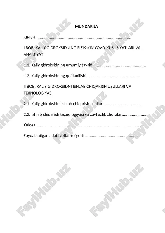 rish texnologiyasining ekologik va iqtisodiy jihatlarini tahlil qilish; · ishlab chiqarish jarayonlaridagi xavfsizlik texnikasi va atrof-muhitga ta’sirini baholash; · olingan nazariy bilimlarni amaliyot bilan bog‘lash orqali xulosalar va takliflar ishlab chiqish. · kurs ishining obyekti. kaliy gidroksid moddasining sanoatda keng ko‘lamda ishlab chiqarilishi, texnologik jarayonlari va qo‘llanilish yo‘nalishlaridir. · kurs ishining predmeti. kaliy gidroksid ishlab chiqarish texnologiyalari, ularning ishlash prinsiplari, samaradorligi, afzallik va kamchiliklari, shuningdek, ishlab chiqarish jarayonidagi texnika xavfsizligi va ekologik holatlardir. kurs ishining o‘rganilganlik darajasi. kaliy gidroksidning fizik- kimyoviy xossalari va uni sanoatda ishlab chiqarish masalalari kimyo fanida keng o‘rganilgan. unga oid ma’lumotlar o‘quv darsliklarida, ilmiy maqolalarda, texnologik yo‘riqnomalarda va xorijiy adabiyotlarda keng yoritilgan. biroq, ishlab chiqarish texnologiyalarining rivojlanishi bilan birga, bu sohadagi ilmiy izlanishlar to‘xtamayapti. ayniqsa, energiya tejamkor va ekologik xavfsiz texnologiyalarga talab ortib borayotgani sababli, mavjud ishlab chiqarish usullarini doimiy ravishda takomillashtirish ehtiyoji mavjud. shu bois, ushbu kurs ishi mavzusi ilmiy va amaliy jihatdan o‘z ahamiyatini …