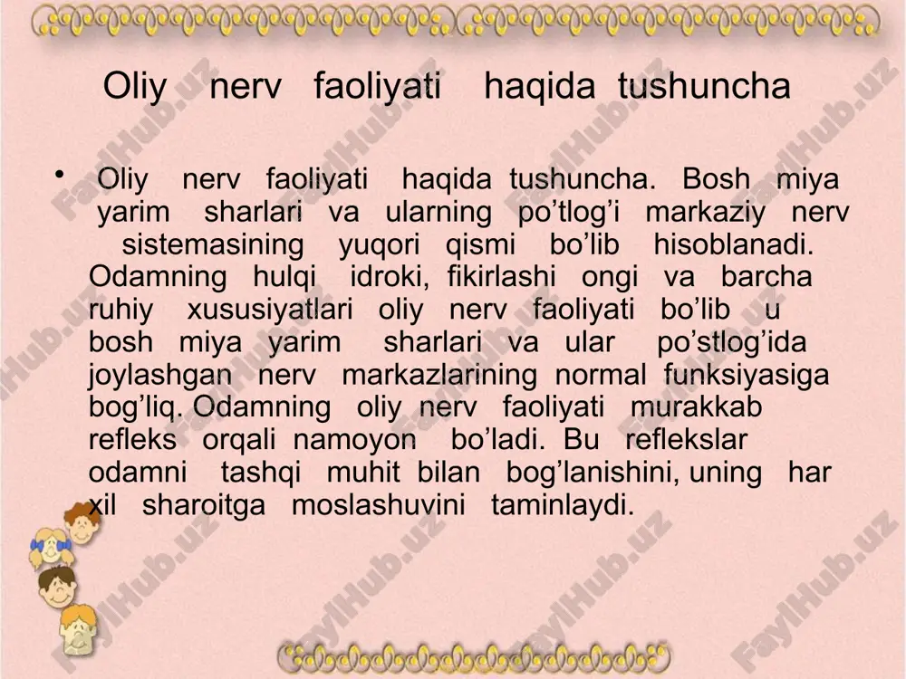 izmlarga nixoyatga katta qo’shimcha qo’shildi .“ bu qo’shimcha odamga nutq paydo bo’lishi va yangi signal sistemasi vujudga kelishidan iborat bo’ladi. organik dunyo taraqiyotining shu bosqichida muhit bilan aloqa bo’g’lashning yangi faqat odamga-gina xos bo’lgan ikkinchi signal sistemasi qaror topdi , “homo sapens” oilasi paydo bo’guncha hayvonlar deb yozgan edi i.p.pavlov - atrofdagi dunyoning hayvonlardagi xilma –xil reseptor mexanizmlarga ta’sir etadigan va markaziy nerv xujayralariga yetib boradigan turli agentlaridan kelib chiquvchi bevosita ta’surotlari orqaligina o’sha dunyo bilan a’loqga qilar edi. bu ta’surotlar tashqi abyektlarining birdan – bir signallari edi . odamda ikkinchi darajali signal birinchi signallarning signali - talaffus etiladigan , eshitiladigan, ko’riladigan so’zlar ko’rinishida paydo bo’lib rivojlanib bordi va yuqori darajada kamolga yetdi. odamda sust alohida ahamiyat kasb etadi. so’z deb yozadi i. p. pavlov birinchi signallarning signali bo’lib voqeliqni faqat bizga xos ikkinchi signal sistemasining tashkil etadi. nutqning rivojlanishi odamlarning biri –biriga munosabatini osonlashtirib mexnat turlarining ko’payishiga, ong rivojlanishiga …
