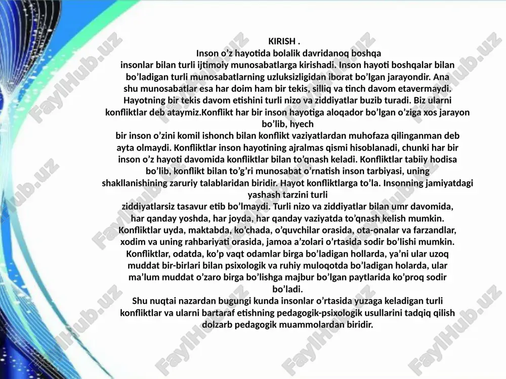ctue — ixtilof, toʻqnashish) — 1) qarshi tomonlar, fikrlar, kuchlar toʻqnashuvi; 2) adabiyot va sanʼatda — badiiy asar mohiyatida yotgan ziddiyat, personajlarning oʻzaro toʻqnashishi, ixtilofi. konflikt epik asarlarga nisbatan qoʻllanadi, dedektiv romanlarda esa u kolliziya, kechinma, fikr oqimi tarzida namoyon boʻladi. konfliktning 3 xil koʻrinishi mavjud: asar qahramonlarining birbirlari bilan toʻqnashuvi, kurashi; shartsharoit, muhit bilan toʻqnashuv; oʻz-oʻzi bilan ichki kurash. konflikt tushunchasi konfliktning ikkita ta'rifi mavjud. birinchisiga ko'ra, bu tomonlarning to'qnashuvi. ikkinchi versiyaga ko'ra, bu o'zaro ta'sir sub'ektlarining manfaatlari kelishmovchiligining nomi. birinchi variant bu hodisaga kengroq qaraydi. ikkinchisi, ishtirokchilar doirasini guruh bilan cheklaydi. biroq, har qanday ziddiyat qarama-qarshilikni keltirib chiqaradigan tomonlarning o'zaro ta'siri bilan belgilanadi. konflikt har doim ham salbiy baholanmaydi. ba'zi hollarda, bu birlikni saqlashning ajralmas elementidir. qarama-qarshi tomonlar o'zlarining harakatlari bilan to'qnashuvning tuzilishini shakllantiradi. shunday qilib, jamoat transportidagi ezilish tomonlar o'rtasida qarama-qarshilik paydo bo'lishi va muammoni hal qilish yo'llarini izlash uchun sababdir.odatda nizo mavzusi tomonlarning so'rovlari bilan bevosita …