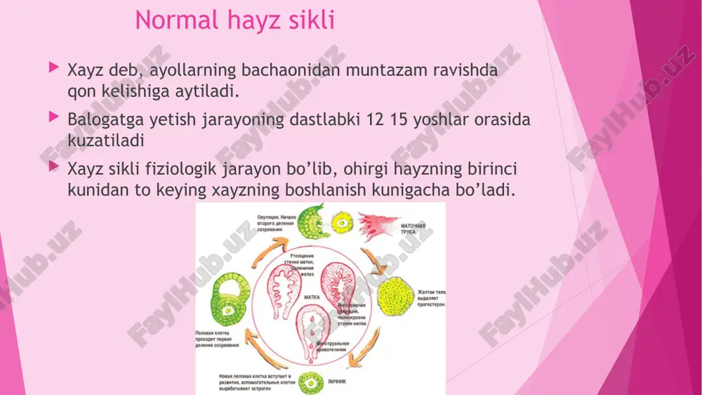 ning tasnifi. amenoreya – 6 oy mobaynida xayz siklining bo’lmaslii davriy ozgarishlar: gipermenoreya – xayz qonining ko’p miqdorda kelishi polimenoreya – xayzning 7 kun va undan ortiq davom etishi giperpolimenoreya – uzoq vaqt davomida va kop miqdorda qon kelishi gipomenoreya – xayzda ajraladigan xayz miqdori kam bolishi oligomenoreya – xayz muddati 2 kundan kam bo’lishi gipooligomenoreya – qisqa muddat va kam miqdorda kelishi xayz tipi va ritmi bo’yicha turi opsomenoreya – xayzning juda kam bo’lishi (6-8 haftada1 marta) sponiomenoreya – xayz siklini juda uzoq davom etishi (1 yilda 9-4 marta anovulyator disfunksional qon ketish. anovulyatsiya bo’lgan proliferatsiya fazasi esterogen ko’pligi sababli uzoq vaqt davom etadi, esterogen kamayishi bachadondan qon ketishiga ilib keladi xayzning og’riqli bo’lishi bilan algomenoreya – xayz vaqtida jinsiy azolarda ogriq paydo bo’lishi dismenoreya – xayz davrida organizmning turli o’zgarishlari (bosh ogrigi, ishtaha buzilishi, ko’ngil aynishi) algodismenoreya – umumiy va mahalliy belgilarni birgalikda uchrashi bachadondan siklik qon ketish …
