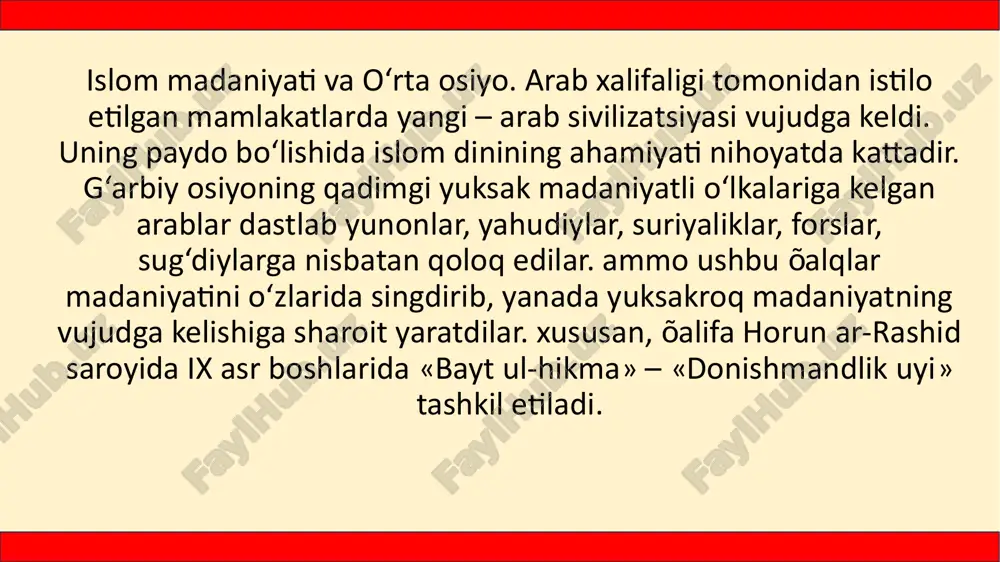 b sarguzashtlar haqida hikoyalar, o‘zga õalqlar afsonalari, ertaklarini ham olib kelganlar. ular bu haqda õalifa saroyida, zodagonlar bazmlarida, bozor va ko‘cha-ko‘ylarda so‘zlab yurganlar. ushbu sarguzashtlar, afsona va ertaklar asosida arab adabiyotining ajoyib durdonasi «ming bir kecha» yaratiladi. me’morchilik. õalifalikda san’atning barcha sohalariga nisbatan me’morchilik yuksak taraqqiy etgan. õalifalik tarkibidagi mamlakatlarda muhtasham saroylar, masjid-u madrasalar, qal’alar bunyod etilgan. granada (ispaniya)- dagi al-hamro saroyi, kordova (ispaniya)dagi masjid, qohiradagi hasan masjidi, buõorodagi ismoil somoniy maqbarasi – arablar davri me’morchiligi durdonalari hisoblanadi. õalifalik madaniyati asosiy sohalaridan yana biri õattotlik – husniõat san’ati bo‘lgan. õattotlar yozish uchun zarur bo‘lgan matn mazmuniga monand yozuvning turli uslublarini ixtiro qilganlar. qur’oni karimdan olingan oyatlar islom me’morchiligi durdonalari bo‘lgan binolarning ichki va tashqi tomonlarini bezashda keng qo‘llanilgan. sharq madaniyati yevropa madaniyatining keyingi taraqqiyotiga o‘zining ijobiy ta’sirini ko‘rsatgan. keyingi asrlarda yevropalik olimlar osiyo mamlakatlarining matematika, tibbiyot, astronomiya, kartografiya sohalaridagi yutuqlarini o‘zlashtirishgan san’at. ma’lumki, islom dinida tirik jonzotlarni tasvirlash taqiqlangani haqidagi …