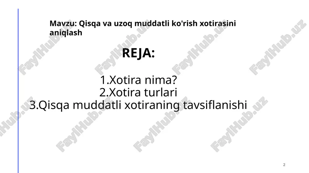 , forobiy xotirani bilishdagi aqliy jarayonning tarkibiy qismi sifatida qarab, uning faqat insonga emas, hayvonga ham xos xususiyat ekanini alohida taʼkidlagan. 4 zamonaviy psixologiyada xotira atrof muhitdagi voqelikni bevosita va bilvosita, ixtiyorsiz va ixtiyoriy ravishda, passiv va aktiv holda, reproduktiv va produktiv tarzda, verbal va noverbal shaklda, mantiqiy va mexanik yoʻl bilan aks ettirgan holda esda olib qolish, esga tushirish, unutish hamda tanish, eslashdan iborat ruhiy jarayon sifatida talqin qilinadi. ixtiyoriy xotirada muayyan materialni esda olib qolish oldindan maqsad qilib qoʻyiladi. ixtiyorsiz xotirada bunday maqsad boʻlmaydi va u biror-bir faoliyatda (masalan, mehnat jarayonida yoki kim bilandir suhbat paytida) oʻz-oʻzidan esda saqlab qolinadi. barqarorligi jihatdan ixtiyoriy xotira ixtiyorsiz xotiradan samaraliroq. shu bilan birga, alohida va umumiylik namoyon qiluvchi ijtimoiy hodisa, barcha taʼsirlarni ijodiy qayta ishlashga yoʻnaltirilgan xotira mavjud. 5 xotirani quyidagi muhim mezonlarga muvofiq turlarga ajratish mumkin: 1. ruhiy faoliyat faolligiga koʻra: a) harakat yoki motor harakat xotirasi; b) obrazli xotira; …