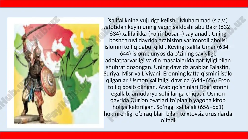 y yerlar nihoyatda katta maydonlarni tashkil etgan. arablar joriy etgan yer solig‘i – xiroj hosilning 1/3 qismini tashkil etgan. islomni qabul qilmagan boylardan 48, o‘rtahollardan 24, kam­­­­bag‘al dehqon va hunarmandlardan 12 dirhamdan jizya solig‘i olingan. chorva mollari va savdodan olingan zakot 1/40 hissani tashkil etgan. xalifalikda qullar mehnatidan ham foydalanilgan. arablarga qarshi xalq qo‘zg‘olonlari. viii–ix asrlarda istilo qilingan mamlakatlarda qator xalq qo‘zg‘olonlari bo‘lib o‘tgan. iroqning kufa shahrida 685–687-yillarda bo‘lgan qo‘zg‘olonda arab va forslar – shahar kambag‘allari va hunarmandlar qatnashgan. o‘rta osiyoning janubi marv vohasida 747-yilda boshlangan abu muslim boshchiligidagi qo‘zg‘olonda aholining barcha toifalari ishtirok etadi. qo‘zg‘olon movarounnahr va xurosonni qamrab oladi. abu muslim boshchiligidagi qo‘zg‘olon natijasida umaviylar hukmronligi tugatilib, xalifalikda boshqaruv yangi sulola abbosiylarga o‘tadi. movarounnahr markazi sug‘diyonada 769–783-yillarda muqanna boshchiligida yirik xalq qo‘zg‘oloni bo‘lib o‘tadi. qo‘zg‘olonchilar uzoq yillar arab qo‘shinlariga qarshi muvaffaqiyatli kurash olib boradilar. ozarbayjonda 815-yilda bobak boshchiligidagi qo ‘zg ‘olon ham 20 yildan ortiq davom etadi. tarixda …