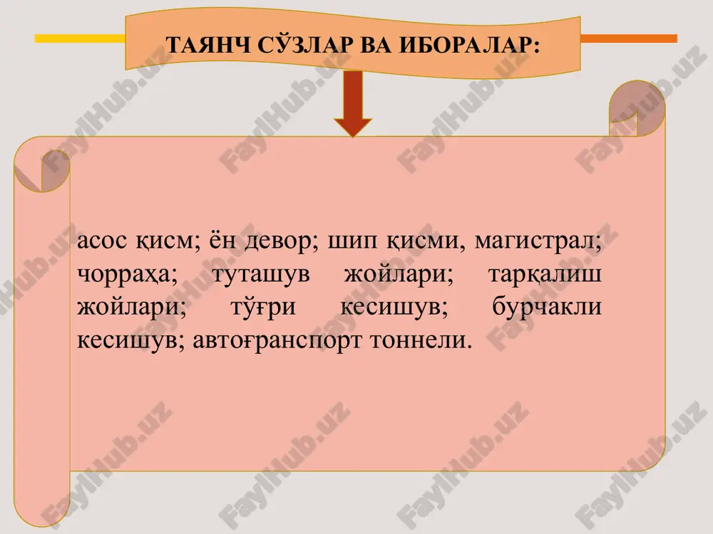 tonnellari asos qismi, yon devorlari va ship qismining vazifalari nima? 2.ochiq usulda quriladigan yaxlit temirbeton tonnel konstruktsiyalarining qanday turlari mavjud? 3.ochiq usulda quriladigan yig'ma temirbeton tonnel konstruktsiyalarining qanday turlari mavjud? asosiy adabiyotlar 1. salixanov s.s. “transport inshoatlarini loyihalash va qurish” toshkent, 2018 y.darslik. “komplex print”nashriyoti. 2. rg. ulrich m, pr markus t., hand book of tunnel engineering. ernst&sohn. uk 2014. 3.a.d.xorujiy,l.n.rudenkova «stroitelsto tonneley i metropolitenov» minsk 2012 g. 4.makoviskogol.v.“stroitelstvo avtodarojnix i gorodiskix tonneley” maskva 2017 g. 5.salamaxin p.m. i dr. ”injenernie soorujeniya v transportnom stroitelstve”. uchebnik v dvux knigax. kniga-2. m., izdatelskiy tsentr “akademiya”, 2007-272s. 6.ishanxodjev a.a.,usmonov d.t. “ko'priklar,tonnellar va yo'lo'tkazgichlarni loyihalash,qurish va ekspluatatsiya qilish (transport tonnellari bo'yicha)” fanidan ma'ruzalar matni. toshkent, taylqei, 2019 yil, 51 bet. internet saytlari www.xilinxplanahe www.construct.org www.madi.ru www.ziyonet.uz; http://most-spb.ru. http://most-irk.ru. e'tiboringiz uchun rahmat ?