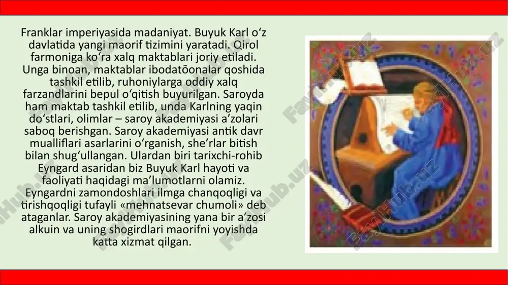anlar ham rivojlangan. o‘rta asrda vizantiyaga shuhrat keltirgan shishasozlik, kulolchilik, bo‘yoqlar tayyorlash sirlari antik davrdan saqlanib kelgan. vii asrda ixtiro qilingan «grek olovi» vizantiyaning dengiz janglaridagi muvaffaqiyatlarini ta’minlagan. tarixchilar o‘zlari ishtirok etgan voqealarni batafsil bayon etardilar. geograflar esa xarita va shahar chizmasini chizardilar. o‘sha vaqtlarda yevropaning boshqa qismida bunday ishlar qilinmagan edi. tasviriy san’at va me’morchilik. vizantiya madaniyatining eng mashhur sohasi tasviriy san’at: mozaika, freska va ikonalar yasash bo‘lgan. tasvirning vizantiyaga xos uslubi: suratlar uyg‘unligi, bo‘yoqlar serjiloligi bilan ajralib turadi. rassomlar cherkov qonunlari, talablari doirasidan kelib chiqib, mavhum emas, jonli kishilarni tasvirlashga intilganlar. õori monastiri (hozirgi istanbuldagi qahriya masjidi) mozaika va freskalari bilan o‘z davrining ajoyib me’morchilik yodgorliklaridan hisoblanadi. yustinian i davrida konstantinopolda barpo etilgan avliyo sofiya ibodatõonasini, hech shubhasiz, ilk o‘rta asrlarning eng mahobatli me’morchilik inshooti deb atash mumkin. uning ulkan gumbazi 40 ta deraza gulchambari bilan qurshalgan. turli xil toshlar va oyna parchalaridan yasalgan juda ajoyib mozaikalar ibodatxona …