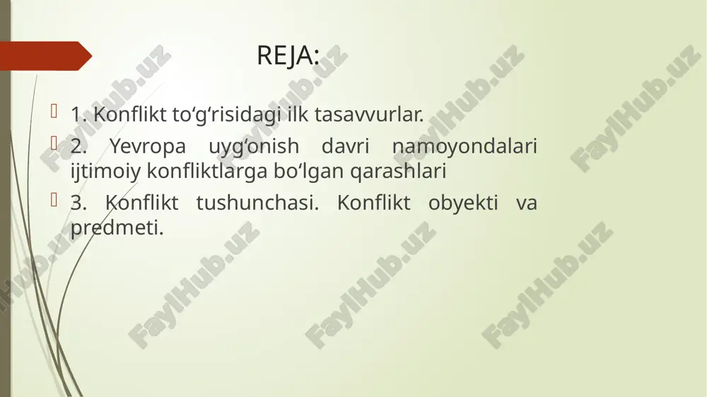 bo'lmagan yechish usullari muammolar konfliktalogiya fanining vazifalari fan yuzasida olingan bilimlar konfliktlarning haqiqiy (obyektiv va subyektiv) sabablarini, konflikt ishtirokchilarining motiv va harakterlarini tushunishga, anglab yetishga yordam beradi. shuningdek, konfliktli vaziyatlarni boshqarish va ularni yechimini toppish bo’yicha amaliy ko’nikmalarga ega bo’lish uchun xizamt qiladi. 2-reja: yevropa uyg‘onish davri namoyondalari ijtimoiy konfliktlarga bo‘lgan qarashlari konflikt ob’yekti deganda taraflar egallashga yoki undan foydalanishga intiladigan muayyan moddiy yoki ma’naviy boylik tushuniladi. konflikt predmeti deb taraflar o’rtasidagi nifoq (kelishmovchilik)ga sabab bo‘lgan ob’ektiv mavjud bo‘lgan yoki fikran tasavvur qilingan muammoga aytiladi. 3-reja: konflikt obyekti va predmeti xulosa konfliktologiyaning rivojlanishi nizolarning nazariy asoslarini yaratish zarurligini belgilaydi. bu qarama-qarshiliklarning mohiyatini ochib beradi, ularni tasniflash va tizimlarda to'playdi. bundan tashqari, konfliktologiyaning vazifalari qarama-qarshiliklarning oldini olish va ularni oldini olish strategiyasini amalga oshirish, shuningdek nizolarni hal qilish va nazorat qilish usullarini o'z ichiga olishi kerak. qarama-qarshilikning oldini olish potentsial to'qnashuvlarni o'z ichiga oladi va nizolarni oldindan bilishga asoslangan. konfliktologiyaning asosiy …