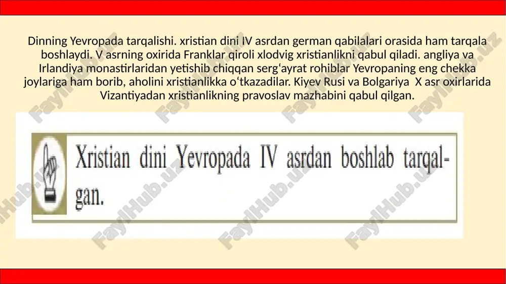 echish yorliqlarini sotish hisobiga ham boyigan. yevropada cherkov davlatning muhim tashkilotiga aylanib, uning siyosiy va iqtisodiy faoliyatiga aralashgan, sud vazifasini ham bajargan. cherkov qo‘llagan jazoning eng og‘iri interdikt – mamlakatda ibodat va marosimlarning vaqtinchalik taqiqlanishi bo‘lgan. innokentiy iii (1198–1216) papaligi davrida katolik cherkovi o‘z qudrati cho‘qqisiga erishadi. papaning «oy o‘z yog‘dusini quyoshdan olganidek, qirol hokimiyati o‘z jilosini papalikdan oladi», degan so‘zlari amalda qo‘llaniladi. rim papasi german, fransuz va ingliz hukmdorlarini interdikt orqali tavba-tazarru qildiradi. aholiga o‘z hukmini o‘tkazishda papa rohiblarga tayangan. yevropada monastirlar iv asrda tashkil etilgan. rohiblar toat-ibodatdan bo‘sh paytlarida xattotlik bilan shug‘ullanganlar. ayrimlari esa monastir qoshidagi maktablarda bolalarni o‘qitganlar. dahriylarga qarshi kurash. cherkov va uning ta’limotiga qarshi kishilar yeretiklar (yunoncha, «dahriylar») deb nomlangan. bunday kishilar cherkovning boyliklari, hashamatli udum marosimlariga qarshi chiqib, sodda cherkov g‘oyasi tarafdorlari bo‘lishgan. yeretiklarga qarshi kurashish uchun cherkov sudi – inkvizitsiya (lotincha, «qidiruv») tuziladi. xristian cherkovi dushmanlarini izlab topish va jazolash bilan shug‘ullangan inkvizitsiya …