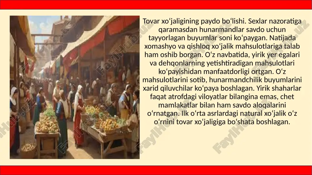 ib-tinchimas savdogarlar marko polo boyib ketish maqsadida uzoq va xatarli sayohatlarga chiqishgan. o‘rta yer dengiz sohillari bo‘ylab italiyalik savdogarlar o‘zlarining savdo manzilgohlari – faktoriyalar tizimini yaratishgan. ularning ko‘pchiligi genuyalik va venetsiyaliklar bo‘lishgan. bu dengiz respublikalari ajoyib savdo va harbiy flotlariga ega bo‘lishgan. ularning kemalari yaqin sharqdan yevropaga qimmatbaho mollar: shoyi matolar, chinni idishlar, turli ziravorlar va boshqa narsalarni olib o‘tardi. venetsiyalik savdogarlar – pololar oilasi vakillari xiii asrda mo‘g‘ullar xonining osiyoning ichkarisidagi qarorgohiga yetib boradi. marko polo 25 yil davom etgan sayohatining 17 yilini xitoyni egallagan mo‘g‘ullar xoni xubilay saroyida xizmatda o‘tkazib, yevropaliklardan birinchi bo‘lib bu sirli o‘lkalarni o‘z kitobida tavsiflaydi. yevropaliklar faqat xix asrdagina dengiz orqali o‘tib, xiii asrda marko polo sayohat qilgan o‘lkalarni o‘z ko‘zlari bilan ko‘radilar. marko poloning kitobidagi sharq mamlakatlarining afsonaviy boyliklari 200 yildan so‘ng genuyalik dengizchi xristofor kolumbda shunchalik katta taassurot qoldiradiki, u nima bo‘lganda ham hindistonning boy sohillariga yetishga qaror qiladi. yevropaning ko‘pchilik shaharlarida …
