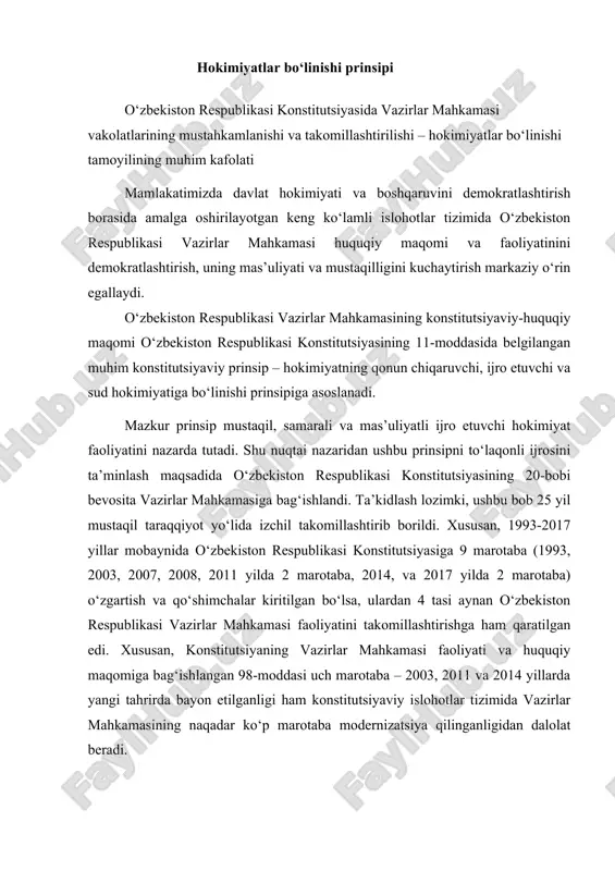 a qilinganligidan dalolat beradi. qisqacha qilib aytganda, konstitutsiyaning vazirlar mahkamasiga bag‘ishlangan 98-moddasining 1992 yilgi tahriri 6 qismdan iborat bo‘lib, unda vazirlar mahkamasi faoliyatiga o‘zbekiston respublikasi prezidenti rahbarlik qilishi ruhi sezilib turardi. 2003 yildagi yangi tahririda ushbu 6 qism jiddiy o‘zgarishlarsiz saqlab qolindi, shu bilan birga yangi 4 ta qism bilan to‘ldirildi (jami 9 ta qism, 1993 yilgi tahrirdagi ayrim qismlar birlashgan). 2003 yilda 98-moddada ilk marotaba bosh vazirning roli mustahkamlanib, u konstitutsiyaviy-huquqiy maqomga ega bo‘ldi. 98-moddaning 2003 yilgi yangi tahriri vazirlar mahkamasining huquqiy maqomini (ijro hokimiyatini amalga oshirishi, tarkibiga kimlar kirishi belgilandi), bosh vazirning huquqiy maqomini (bosh vazir nomzodi prezident taqdimiga binoan oliy majlis palatalari tomonidan ko‘rib chiqilishi va tasdiqlanishi) va vakolatlarini (vazirlar mahkamasining a’zolarini o‘zbekiston respublikasi prezidentiga tasdiqlash uchun taqdim etish; vazirlar mahkamasi faoliyatini tashkil etishi va unga rahbarlik qilishi, uning samarali ishlashi uchun shaxsan javobgar bo‘lishi, vazirlar mahkamasining majlislariga raislik qilishi, uning qarorlarini imzolashi, o‘zbekiston respublikasi prezidentining topshirig‘iga …
