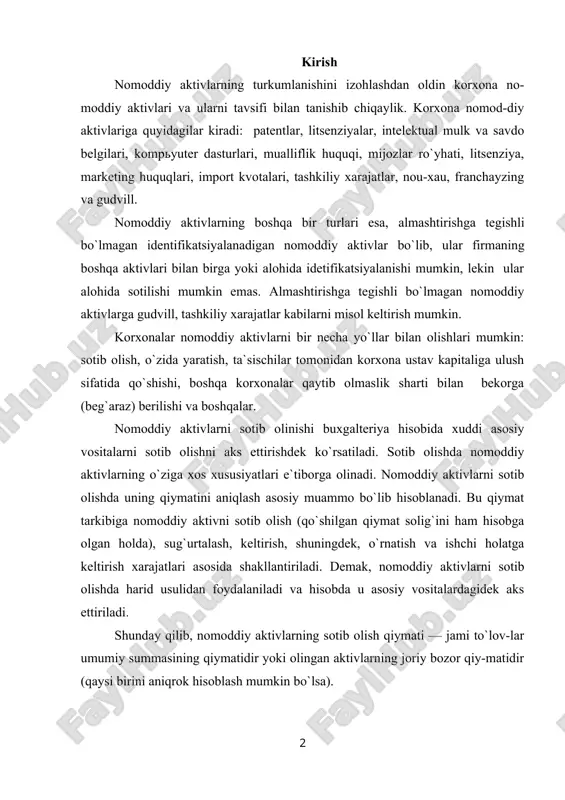 ib olish qiymati — jami to`lov-lar umumiy summasining qiymatidir yoki olingan aktivlarning joriy bozor qiy-matidir (qaysi birini aniqrok hisoblash mumkin bo`lsa). 1 nomoddiy aktivlarning mohiyati va turlari. buxgalteriya hisobiningmilliy standartlarida nomoddiy aktivlarga quyi-dagicha ta`rif beriladi: «nomoddiy aktivlar – bu xo`jalik faoliyatida foydala-nish uchun yoki boshqarish uchun xo`jalik sub`ekti tomonidan nazorat qilinadigan, shuningdeq uzoq (bir yildan ortiq) muddat ishlatishga mo`ljallangan moddiy-buyum shakliga ega bo`lmagan mulk ob`ektlaridir». berilgan ta`rifdan ko`rinib turib-diki nomoddiy aktivlar bu: · korxonaning mulkiy ob`ektidir - nomoddiy aktivlarni aksariyat qismi korxona tomonidan sotib olinadi, ularga egalik qiladi va buxgalteriya balansida o`z mulkining bir qismi sifatida aks ettiradi; · moddiy (natural)-buyum shakliga ega emas – nomoddiy aktivlar jismo-niy ko`rinishga ega emasdirlar; · sotish uchun mo`ljallanmaydi - nomoddiy aktivlar qayta sotish uchun sotib olinmaydi, balki xo`jalik faoliyatida foydalanish, nazorat qi-lish va boshqarish uchun sotib olinadi; · xo`jalik faoliyatida uzoq muddat foydalaniladi - odatda nomoddiy aktivlar tarkibiga korxona faoliyatida bir yildan uzoq …