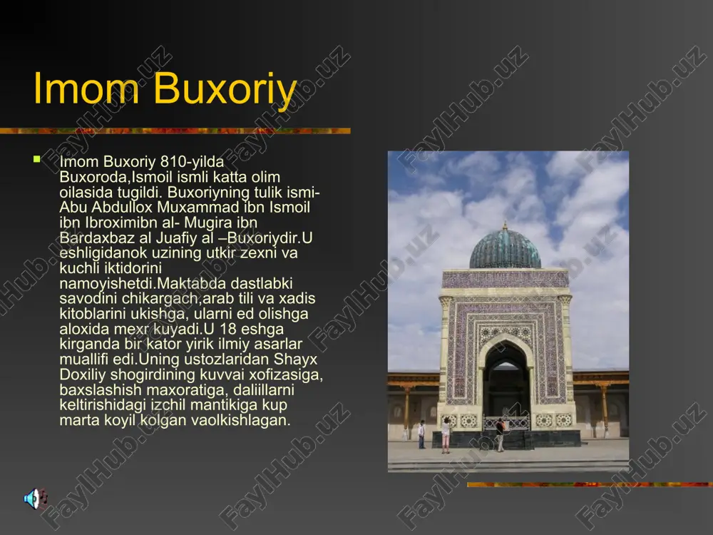 ncha, emon fe’l- atvor, illatlarining insoniyat jamiyati uchun kulfat vaazoblar keltirishi kayta-kayta ta’kidlanadi. imom al-buxoriy (809—870) buxoroda dunyoga kelgan. uning otasi ismoil o'z davrining ilm-ma'rifatli kishi-iaridan bo'lgan. u o'g'lining tug'ilgan kunini yozib ket-gan qog'oz zamondoshlari qo'liga yetgan. imom al-bu­xoriy yoshligida otasi vafot etib, onasi tarbiyasida o'sgan. bolaligidan aql-idrokli, o'tkir zehnli va ma'rifatga havasi kuchli bo'lgan, turli ilm-fanlarni, ayniqsa, payg'ambarimiz hadislarini alohida mehr va ixlos bilan o'rgangan. ko'p olimlardan eshitgan hadislarni, to'plamlarni yodlagan, us-tozi dohiliy bilan qizg'in bahslarda qatnashgan. bugungi kunda imom al-buxoriyning 20 dan ortiq katta va kichik kitoblari orasida «al-jome' as-sahih» alohida o'rinda tura-di. bu shoh asarda axloq va odobga xos hadislar maxsus bir bobda mujassamlangan va ahamiyati jihatidan qur'oni karimdan keying! ikkinchi diniy manba deb e'lon etilgan. «al-adab al-mufrad» («adab durdonalari») kitobida ham axloqiy qadriyatlar o'z ifodasini topgan. imom al-buxoriy hadisga bag'ishlangan asarlarida imom al-buxoriy hadisga bag'ishlangan asarlarida ax-loq-odob haqida fikr bayon etar ekan, odamlarni ota-ona' hurmatini joyiga …