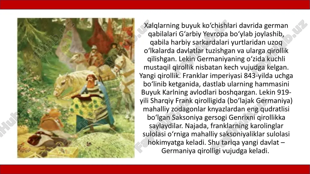 a olmagan dushmanni mag‘lub etgan otton i o‘zini yevropadagi eng kuchli qirol deb hisoblay boshlaydi. ushbu g‘alaba unda buyuk karl singari rimda imperatorlik tojini kiyish hamda imperator unvonini olish istagini uyg‘otadi. 962-yilda o‘z qo‘shini bilan rimga kelgan otton i ga papa ioann xii imperatorlik tojini kiydiradi. yangi imperiya – muqaddas rim imperiyasi nomini oladi. uning tarkibiga germaniya yerlaridan tashqari italiyaning shimoliy hududlari ham kirgan, lekin bu yerdagi shaharlar german imperatorlariga hech qachon to‘liq bo‘ysunmagan. shunga qaramasdan, har bir german qiroli taxtga kelganidan so‘ng o‘z qo‘shini bilan alp tog‘lari orqali italiyaga yurish qilib, rimda imperatorlik tojini kiyardi. german imperatorlari o‘z davlatlarini qadimgi rimning davomchisi deb hisoblaganlar. zamondoshlari «dunyo mo‘jizasi» deb nomlagan otton i ning nabirasi otton iii rimni ulkan davlatning poytaxtiga aylantirish orzusida bo‘lgan. u butun xristian dunyosi rim imperatori hukmida birlashishi lozim deb hisoblagan. tabiiyki, butun dunyo xristian imperiyasi haqidagi orzularning amalga oshishi mushkul ish edi. shunga qaramasdan, german monarxlari …