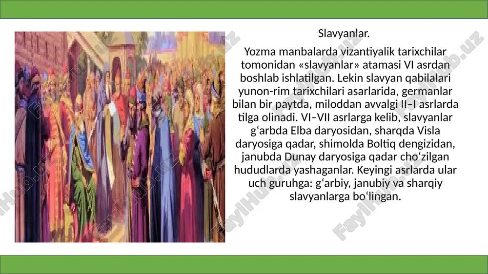 erishadi. shundan so‘ng, bolgariya zaiflashib, keyinchalik qo‘shni vizantiya tomonidan bosib olinadi. chexiya davlati. mahalliy slavyan qabilalari vltava daryosi havzasida yashagan chex qabilalariga bo‘ysungan (rivoyatlarga qaraganda, ularning qadimgi yo‘lboshchisini chex deb nomlaganlar). qabila ittifoqi tepasida prjemislovichlar xonadonidan bo‘lgan knyazlar turgan. ular tez-tez qo‘1lariga qurol olib o‘z yerlarini dushmanlardan himoya qilgan. knyaz vatslav (920–935) yoshligidan xristian aqidalari bo‘yicha tarbiyalangan, keyinchalik bor kuchi bilan dinning chexiyada yoyilishiga harakat qilgan. lekin knyazning xristianlikka nisbatan bunday hurmat-ehtiromi ko‘pgina chexlarga xush kelmagan. ayrim knyazlar fitnasi tufayli tug‘ishgan ukasi uni xoinona o‘ldirgan. yillar o‘tib vatslavni chexlarning milliy avliyosi, chex davlatining homiysi sifatida e’zozlay boshlashgan polsha davlati. gnezno atroflarida yashagan polyan slavyan qabilalari bo‘lajak polsha davlatiga asos soladi. keyinchalik ushbu qabilalar ittifoqi nomida vujudga kelgan knyazlik polsha deb atalgan. solnomachining yozishicha, knyazlikning afsonaviy asoschisi piast ismli kambag‘al kishi bo‘lgan. lekin hujjatlarda nomi qayd e tilgan pias tla r sulolasining birinchi knyazi meshko i dir. knyaz meshko x asr …