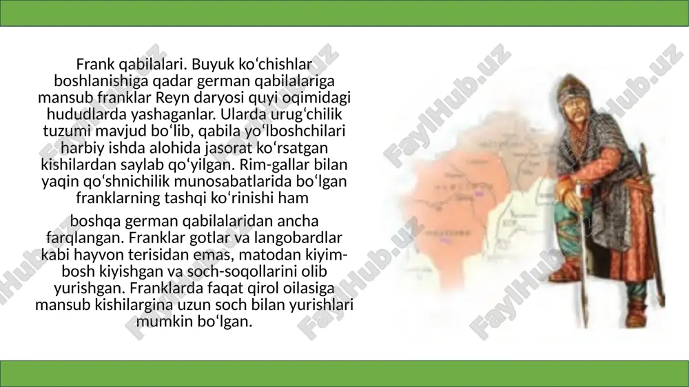 da asosiy ishchi kuchi qullar va kolonlar bo‘lib qolavergan. dastlabki paytda franklar gallardan alohida yashaganlar. luara daryosidan shimoldagi german qabilalari esa yana uzoq yillar urug‘ jamoa bo‘lib yashashda davom etganlar. mamlakat janubidagi gallar esa son jihatidan german qabilalaridan ham ko‘proq bo‘lgan. davlat hokimiyatini mustahkamlash maqsadida xlodvigning vorislari boshqaruvi paytida qirollar – alohida xizmatlari evaziga jangchilar va yaqin hamkorlariga yirik yer-mulk – benefitsiylar taqdim etganlar. shu tariqa qirol va uning jangchilari, ruhoniylar, qirol saroyiga yaqin rim-gall zodagonlari, quldorlardan yangi yirik yer egalari – feodallar toifasi vujudga kelgan. ularning yerlarida vi asr oxiridan boshlab qullar, kolonlardan tashqari o‘z erkinligini yo‘qotgan franklar ham ishlaganlar. natijada, yangi jamiyatning feodallar va qaram dehqonlar kabi asosiy toifalari yuzaga kelgan. davlatning paydo bo‘lishi. shimoliy galliyada tashkil topgan frank qirolligi xlodvigning vorislari davrida bur­gundiya va provansni bosib oladi. franklar germanlarning tyuring, alemann, bavar qabilalarini ham bo‘ysundirib, ularni har yili o‘lpon to‘lashga majbur etadilar. qirollar hokimiyati kuchayib borishi natijasida …