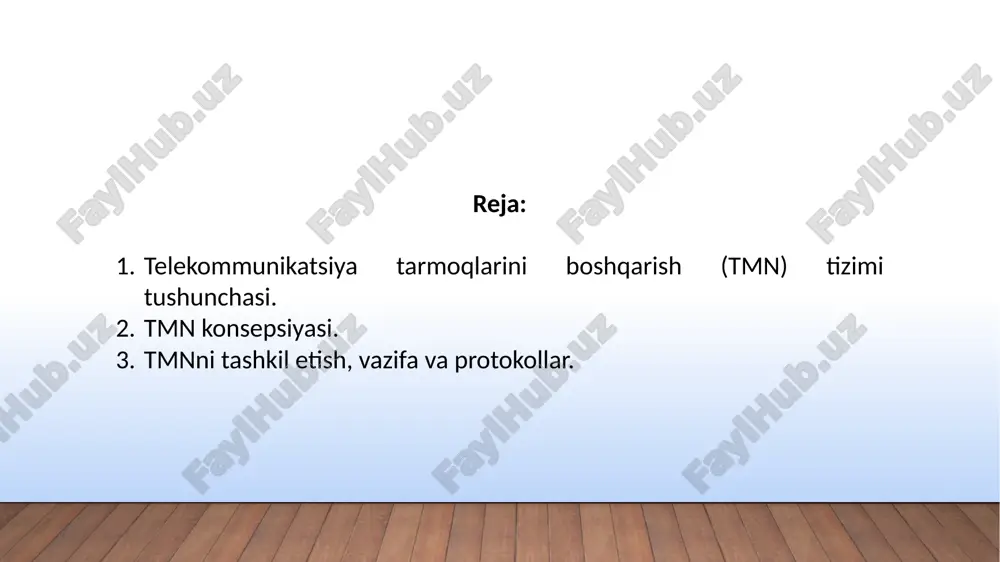 orat ko’rsatishga mo’ljallangan. tmn vazifasi turli xildagi ilovalarning aloqa qurilmalari bilan o’zaro aloqasini ta’minlash standart protokollar va interfeyslarga ega kelishilgan arxitekturadan foydalanish orqali ta’minlanadi. 3.1-rasm. tmn arxitekturasi tmn ning qo’llanish sohalari xususiy va umumiy foydalanish tarmoqlari, shu jumladan o’rta va keng oraliqli xizmatlari integratsiyalangan tarmoqlar (isdn), yucht, chastotali telefon tarmoqlari; uzatish terminallari (multipleksorlar, kross kommutatsiya qurilmalari, kanallarni o’zgartirish apparatlariva h.k.); raqamli va analog uzatish tizimlari (kabelli, optik tolali, radio, yo’ldoshli va h.k.); raqamli va analog kommutatsiya stansiyalari; signalizatsiya tizimlari va terminallar; tmn bilan bog’liq vazifalar ats va oxirgi abonent qurilmalari; tmn muhiti va elektraloqa muhiti chegaralari orqali boshqaruv axborotining almashinuvi; moslikni ta’minlash maqsadida boshqaruv axborotini bir turdan ikkinchisiga o’zgartirish; tmn muhitida boshqaruv axborotini uzatish; boshqarish axboroti ta’siriga sezuvchanlik va uni taxlil qilish; boshqaruv axborotni foydalanuvchiga tushunarli shaklga o’zgartirish; boshqaruv axborotiga ro’yxatdan o’tgan holda kirish imkonini yaratish. 3.2-rasm. tmn ning funksional arxitekturasi bu yerda: osf –boshqaruvchi tizimlar fb; mf – kelishuv …