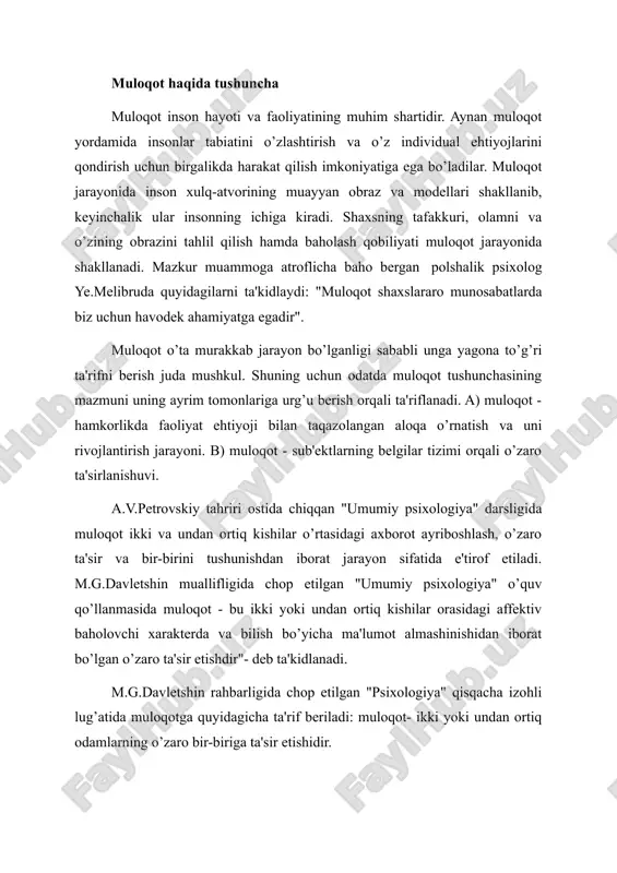 mumkin: muloqot - kamida ikki kishining o’zaro ta'sir jarayoni bo’lib, bu ta'sir davomida axborot almashinadi, munosabat o’rnatiladi, rivojlantiriladi. muloqot tushunchasini kommunikasiya tushunchasidan farqlash lozim. kommunikasiya-tirik va o’lik tabiatdagi tizimlar o’rtasida axborot almashinuvini anglatadi. hayvonlar o’rtasidagi signallar almashinuvi, insonning texnik vositalar bilan aloqa qilishi, bularning barchasi kommunikasiyaga misol bo’ladi. muloqot faqat insonlar o’rtasida amalga oshirilishi mumkin. muloqotning inson hayotidagi ahamiyati beqiyosdir. inson bolasi aynan boshqalar bilan muloqotda, munosabatda bo’lish jarayonida shaxsga aylanib boradi. muloqot orqali inson ijtimoiy tajriba va madaniyatni egallab boradi. yangi tug’ilgan inson boshqalar bilan muloqotda bo’lish imkoniyatidan mahrum bo’lsa, u hech qachon shaxsga aylana olmaydi, ya'ni u o’z psixik taraqqiyoti bo’yicha orqada qolib ketadi. zero, inson psixik taraqqiyoti muloqotdan boshlanadi. muloqotsiz insoniyat jamiyati bo’lishi mumkin emas. aynan muloqot hamkorlikda faoliyat yurituvchi individlar jamoasini shakllantiradi. hamkorlikdagi faoliyat rejasini tuzish va uni ruyobga chiqarish uchun individlar o’rtasida muloqot amalga oshirilishi shart. muloqot vositasida hamkorlikdagi faoliyat tashkil etiladi va amalga oshiriladi. …