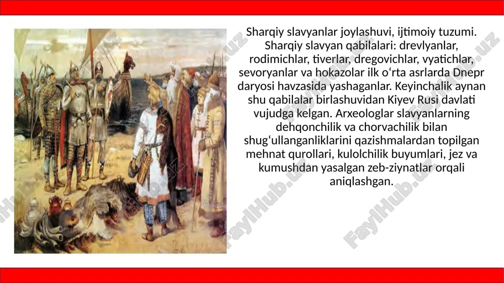 rish siyosati shimolda ladoga ko‘lidan, janubda dneprning quyilishigacha yerlarning oleg qo‘lida to‘planishiga imkon beradi. oleg vizantiya bilan manfaatli shartnoma tuzadi. unga ko‘ra, rus savdogarlariga vizantiyada bojsiz savdo qilishga ruxsat beriladi. igor o‘z knyazligini (912–945) ko‘chmanchi bijanak qabilalariga qarshi urushdan boshlaydi. tuzilgan shartnoma konstantinopol tomonidan bajarilmaganligi tufayli igor vizantiyaga qarshi ikki marta yurish qiladi. natijada vizantiya jangsiz tinchlik shartnomasini tuzib, katta o‘lpon to‘laydi. igor 945-yilda drevlyan qabilalari bilan to‘qnashuvda halok bo‘lganidan so‘ng, uning rafiqasi olga o‘g‘li svyatoslav balog‘atga yetgunicha kiyev knyazligini boshqargan. u rus mavqeini harbiy yurishlar, istilolar bilan emas, mohirona diplomatiya orqali yuksaltirishga intilgan. olga x asrning 50-yillari o‘rtalarida konstantinopolga tashrif buyurib, xristianlikni qabul qiladi. lekin olganing o‘g‘li svyatoslav yangi dinni qabul qilishdan bosh tortadi. xazarlarga qarshi kurash. yilnomalarda yozilishicha, svyatoslav 964-yilda 22 yoshida knyazlik taxtiga o‘tirgach, sharqqa yurish boshlagan. svyatoslav itil (volga) va don daryolari oralig‘ida tashkil topgan xazar xoqonligini mag‘lub etib, uning poytaxti itil shahrini egallagan. keyinchalik svyatoslav …