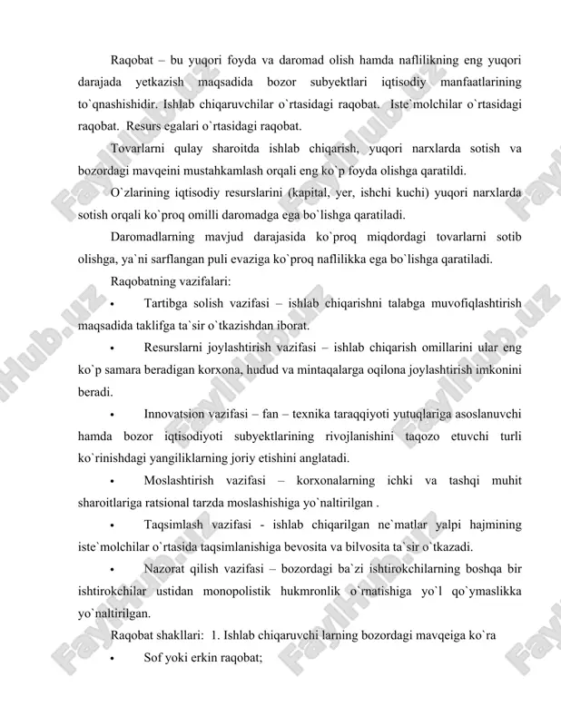 o`naltirilgan. raqobat shakllari: 1. ishlab chiqaruvchi larning bozordagi mavqeiga ko`ra · sof yoki erkin raqobat; · sof monopoliya; · monopolistik raqobat; · oligopoliya. 2. miqyosiga ko`ra: · tarmoqlar ichidagi raqobat; · tarmoqlar o`rtasidagi raqobat; · millliy xo`jalik doirasidagi raqobat; · jahon xo`jaligi doirasidagi raqobat. 3. sodir bo`lish xarakteriga ko`ra · tartibsiz (stixiyali) raqobat; · tartibga solinadigan raqobat 4. amalga oshirish usuliga ko`ra: · narx vositasidagi raqobat; · narxsiz raqobat. 5. amalga oshirish yo`liga ko`ra: · xalol raqobat; · g`irrom raqobat. ishlab chiqaruvchi (sotuvchi) larning bozordagi mavqeini belgilab beruvchi omillar: · ishlab chiqaruvchi (sotuvchilar) soni. · to`siqlarning mavjudlik darajasi (bozorga kirish va undan chiqib ketish). raqobat shakllari asosiy belgilar · tarmoq ichidagi raqobat – mahsulot ishlab chiqarish va sotishda qulay sharoitga ega bo`lish uchun bir tarmoq korxonalar o`rtasida boradi. tarmoq ichidagi raqobat natijasida turli ishlab chiqaruvchilar tovarlarning individual (alohida) narxi bozor narxiga aylanadi. · tarmoqlar o`rtasidagi raqobat – turli tarmoq korxonalari …