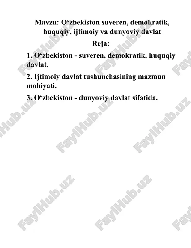 obgarmiz. shu sababdan yurtimizda tinchlik va barqarorlikni asrash va mustahkamlash bundan buyon ham eng muhim vazifamiz bo‘lib qoladi", - dedi davlat rahbari. huquqiy davlat – insoniyatning ming yillar mobaynidagi mashaqqatli mehnati evaziga shakllangan taraqqiyot g‘oyasi bo‘lib, konstitusiya va qonun ustuvor bo‘lgan, inson huquq va erkinliklari himoya qilingan va amalda ta'minlangan, demokratik prinsiplar asosida qabul qilingan qonunlar oldida barcha teng va hisobdor bo‘lgan,hech kim qonundan ustun turmaydigan davlatdir. bugun yangi o‘zbekiston insonparvar va xalqchil bo‘lgan huquqiy davlat qurish yo‘lida odimlamoqda. o‘zbekiston respublikasining prezidenti shavkat mirziyoev 2022 yil 20 iyunda konstitusiyaviy komissiya a'zolari bilan uchrashuvda ta'kidlaganidek: “faqat huquqiy davlat sharoitidagina insonning hayoti, erkinligi, sha'ni, qadr-qimmatini to‘liq ta'minlash, tom ma'noda xalqparvar boshqaruv tizimini shakllantirish mumki shu maqsadda yangi tahrirdagi konstitusiyamiz loyihasining 1-moddasida “o‘zbekiston – huquqiy davlat”, deb mustahkamlanmoqda. konstitusiyada o‘zbekiston huquqiy davlat ekanligini alohida belgilash – davlat o‘z faoliyatini, jamiyat va fuqarolarning yashash tarzini faqat konstitusiya va qonunlar asosidagina amalga oshirilishini ta'minlaydi. pirovardida …