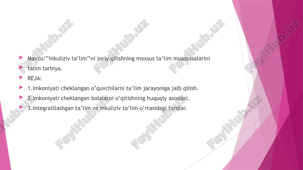 bo‘lgan bolalar o‘qitiladigan ayrim ta'lim muassasalarida ular uchun to‘siqsiz muhit va imkoniyatlar yaratilmagan; alohida ta'lim ehtiyojlari bo‘lgan bolalar o‘qitiladigan ta'lim muassasalari zarur adabiyotlar, metodik qo‘llanmalar, turli kasblarga o‘qitishga mo‘ljallangan uskuna va jihozlar bilan to‘liq ta'minlanmagan; shunday vaziyatda 86 ta ixtisoslashtirilgan maktabda 21,2 mingdan ortiq, sanatoriy turdagi maktab-internatlarda 6,1 mingdan ortiq, uy sharoitida esa 13,3 ming nafar o‘quvchi uyda ta'lim oladi. 2020 yil statistikasiga ko‘ra, o‘zbekistonda 3,2 mingdan ortiq umumiy o‘rta ta'lim maktablarida 13 ming nafarga yaqin o‘quvchilar inklyuziv ta'lim bilan qamrab olingan. prezident qarori bilan 2025 yilgacha inklyuziv umumta'limni bosqichma-bosqich joriy etish masalasi qo‘yilgan. bunda imkoniyati cheklangan bolalarning maktablarga kelishi uchun to‘siqsiz muhit yaratish, yangi quriladigan maktablarni xuddi shunday sharoitlar bilan qurish, pedagog kadrlar tayyorlash, o‘quv bazasini takomillashtirish kabi vazifalar belgilangan. keyingi o‘quv yilida shaharlarda va toshkent shahrining tumanlarida joylashgan bittadan umumta'lim maktablarida inklyuziv ta'lim tizimini joriy qilish, tayanch korreksion sinf ochish reja qilingan. ayni paytda ixtisoslashtirilgan maktablarda dars berayotgan …
