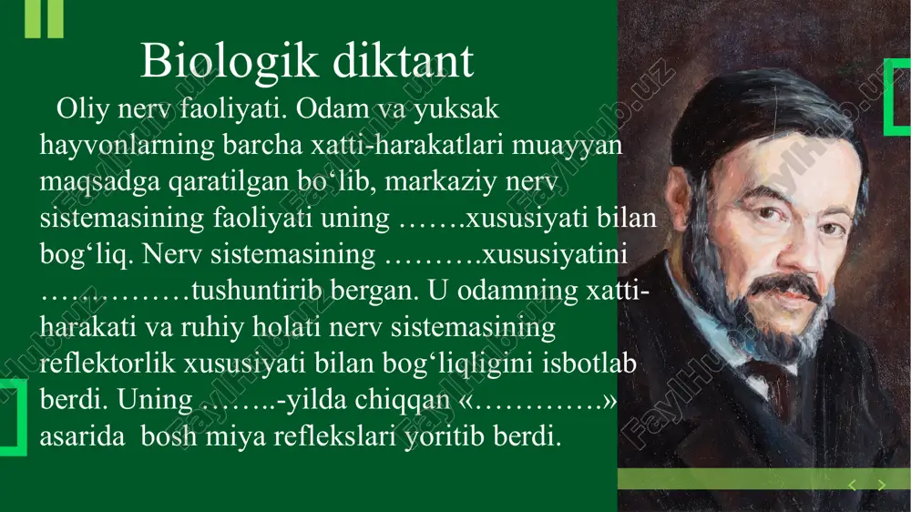 da so‘lak ajrala boshlaydi. hayot davomida har qanday odamga xos bo‘lgan xatti-harakatlar va ko‘nikmalar, chunonchi: 1.bilim olish, 2.kasb o'rganish 3. o‘qish 4.yozish kabi faoliyatlar ham shartli reflekslarga misol bo'ladi. a)induksion tormozlanish b)hitnoyalovchi tormozlanish 1.tashqi tormozlanish 2.ichki(so ‘nuvchi ) tormozlanish shartli reflekslarning tormozlanishi. induksion tormozlanish shartli refleks hosil qilgan ta’sirlovchiga nisbatan kuchliroq yoki notanish ta’sirlovchining nerv markaziga ta’sirida paydo bo'ladi. masalan, chiroq yoqilganida itda hosil bo'lgan ovqatlanish refleksi qo‘ng‘iroqning baland ovozi ta’sirida so‘nadi. tormozlanish ovqatlanayotgan it boshqa it ovozini eshitganida paydo bo'ladigan chamalash refleksi ta’sirida ham sodir boladi. odamda ham ovqatning hidi, ko'rinishi va mazasiga nisbatan hosil bo'lgan ovqatlanish shartli refleksi kuchli shovqin-suron yoki xunuk xabar ta’sirida so‘nishi, ya’ni so‘lak va oshqozon shirasi ajralishi to‘xtashi mumkin. 39382 himoyalovchi tormozlanish nerv markazlari hujayralaridagi energiya sarfi bilan bog‘liq. energiya kamaygan sari nerv hujayralari charchab, tormozlangan holatga o‘tadi. bunday tormozlanish organizmni zo‘riqib kasallanishdan, hujayra va to'qimalarni yemirilishdan saqlab qoladi. shu sababdan esdan chiqqan bilim …