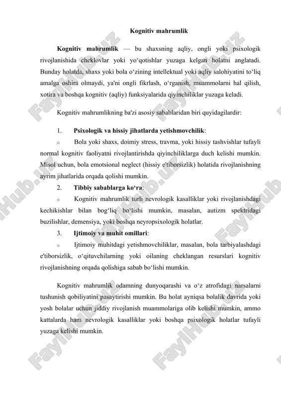 ress, travma, yoki hissiy tashvishlar tufayli normal kognitiv faoliyatni rivojlantirishda qiyinchiliklarga duch kelishi mumkin. misol uchun, bola emotsional neglect (hissiy e'tiborsizlik) holatida rivojlanishning ayrim jihatlarida orqada qolishi mumkin. 2. tibbiy sabablarga ko‘ra: · kognitiv mahrumlik turli nevrologik kasalliklar yoki rivojlanishdagi kechikishlar bilan bog‘liq bo‘lishi mumkin, masalan, autizm spektridagi buzilishlar, demensiya, yoki boshqa neyropsixologik holatlar. 3. ijtimoiy va muhit omillari: · ijtimoiy muhitdagi yetishmovchiliklar, masalan, bola tarbiyalashdagi e'tiborsizlik, o‘qituvchilarning yoki oilaning cheklangan resurslari kognitiv rivojlanishning orqada qolishiga sabab bo‘lishi mumkin. kognitiv mahrumlik odamning dunyoqarashi va o‘z atrofidagi narsalarni tushunish qobiliyatini pasaytirishi mumkin. bu holat ayniqsa bolalik davrida yoki yosh bolalar uchun jiddiy rivojlanish muammolariga olib kelishi mumkin, ammo kattalarda ham nevrologik kasalliklar yoki boshqa psixologik holatlar tufayli yuzaga kelishi mumkin. dvigatel etishmovchiligi dvigatel etishmovchiligi – bu organizmning harakatsizlik, jismoniy faoliyat yoki energiya ishlab chiqarish qobiliyatining pasayishi yoki yo‘qolishi holatini ifodalaydi. bu, odatda, mushaklar, asab tizimi yoki yurak-qon tomir tizimi bilan bog‘liq …