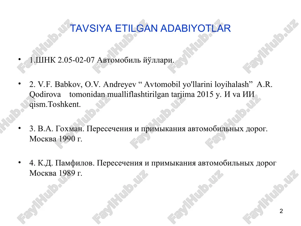 ngl, nvt - asosiy va ikkinchi toifali yo’llarda harakat intensivligi; i - oddiy jihozlanmagan kesi-shishlar; ii - ikkinchi darajali yo’lda yo’naltiruvchi orolchalari bo’lgan qisman kanallashtirilgan kesishishlar; iii - asosiy va ikkinchi toifali yo’llarda yo’naltiruvchi orolchalari bo’lgan va asosiy yo’lda o’tish-tezkor polosalari bo’lgan kanallashtirilgan kesishishlar; iv - halqasimon kesishishlar; va - eng tig’iz yo’nalish bo’yicha eng yaxshi harakat sharoitlarini ta’minlovchi halqasimon kesishishlar; vb - halqasimon kesishishlar bosqichli qurilishning birinchi bosqichi sifatida, keyin esa ular turli sathlarda loyihalanib, qayta quriladi; vg - turli sathlardagi kesishishlar. * kanallashtirilgan harakatli yo’llarning kesishuvi va qo’shiluvi : 1 - ajratish polosasi; 2 - qoplamaga bo’yoq bilan chizilgan orolchalar; 3 - chapga burilishni kutadigan avtomobillar uchun qatnov qismining qo’shimcha polosasi; 4 - qatnov qismdagi belgi chiziqlari; 5 - asosiy yo’lda o’ngga burilish polosasi; 6 - uchburchak orolchalar; 7 - tomchisimon orolchalar. . * kanallashtirilgan kesishuv va tutashuv 1-2 –orolchalar; 3-yo'l belgi chiziqlari; 4-chapga burilish uchun qo'shimcha tasmalar; …