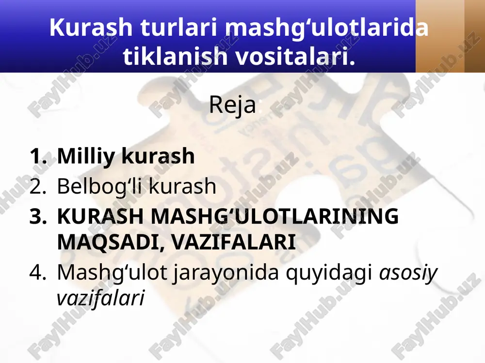 nsepsiyasini aks ettiruvchi bilimlar tizimini shakllantirishdan iborat. ushbu konsepsiya bilimlar va malakalar, ilmiy fikrlash uslublari, shug‘ullanuvchilarda ongli hamda amaliy faoliyatga ijodiy munosabatni tarbiyalashni o‘z ichiga oladi. milliy kurashning o‘ziga xos xususiyatlari o‘zbekcha milliy kurash quyidagi xususiyatlari bilan xarakterlanadi: - harakat amallari qarshi harakat qiluvchi raqib bilan muloqotda yuzaga keladi, bunda ulardan biri g‘alabaga erishish uchun boshqasiga o‘zining texnikasi va taktikasini, jismoniy sifatlari va qobiliyatini qarama-qarshi qo‘yadi; - usullar texnikasi va harakatlar taktikasi o‘zaro mustahkam bog‘langandir, chunki texnika maxsus harakat va usullarni bajarish usuli, taktika esa kurash tushish vaqtida texnikani qo‘llash usuli sifatida namoyon bo‘ladi; belbogʻli kurash belbogʻli kurash — bu oʻzbek milliy sport turlaridan biri boʻlib asosan oʻrta osiyoda ommabop sanaladi. belbogʻli kurashning koʻp javhalari oʻzbek xalq milliy kurashiga oʻxshab ketadi, lekin bu sport turida sportchilar asosan belbogʻ orqali kurashadilar. asosan bu sport turi ikki kishi oʻrtasida amalga oshiriladi. belbogʻli kurashning asosiy kiyimlariga kurashish uchun yaktak va belbogʻ kiradi. belbogʻli …