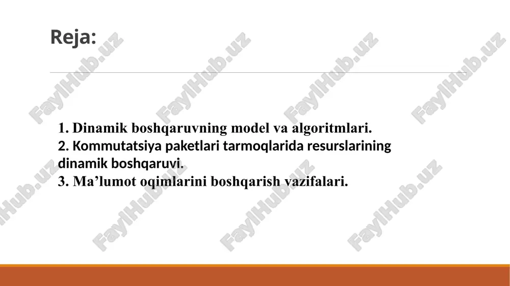 bosqichda kb-adresat buferining to’lib ketishining oldi olinadi. boshqaruv kb 5) “process-process” (jarayon) bosqichi va kb-manbaa 7(_)0 orasida tarmoq bosqichida bajarilishi mumkin. ushbu bosqichdagi boshqaruvning asosiy maqsadi jarayonlar bosqichida foydalanuvchilar buferining to’lib ketishini oldini olish. boshqaruv yo’q qilingan jarayonlar orasida transport darajasida amalga oshiriladi. bu bosqich aynan pk tarmog’iga aloqador emas. kommutatsiya paketlari tarmoqlarida resurslarining dinamik boshqaruvi. ma’lumot jo’natish prinsipiga binoan, abonent-manbaadan abonent-adresatga pk jo’natishning bir nechta usullari mavjud bo’lib, bulardan asosiylari virtual ulanishlar tartibi (pk-v) va datagram tartib (pk-d).virtual ulanishlar tartibida abonent-manbaa, abonent-adresatga ma’lumotlar jo’natishdan avval, butun ma’lumotlar paketini qabul qilish uchun, abonent-adresat resurslarini (xotira) zaxiralash maqsadida, abonent-adresatga jo’natilayotgan ma’lumotlar kattaligi haqida axborotga ega bo’lgan maxsus virtual paket jo’natadi. virtual chaqiruv paketi bir vaqtning o’zida bitta ma’lumotning jo’natish paketi marshrutini aniqlayda va kb resurslarini shu ma’lumotning keyingi paketlari ketma-ket qabul qilinishi uchun zaxiralaydi. aloqa seansi tugashida, virtual ulanish buziladi.shuni aytish mumkinki, pk virtual ulanish tartibida, aloqani tashkil qilishda kk usuliga …
