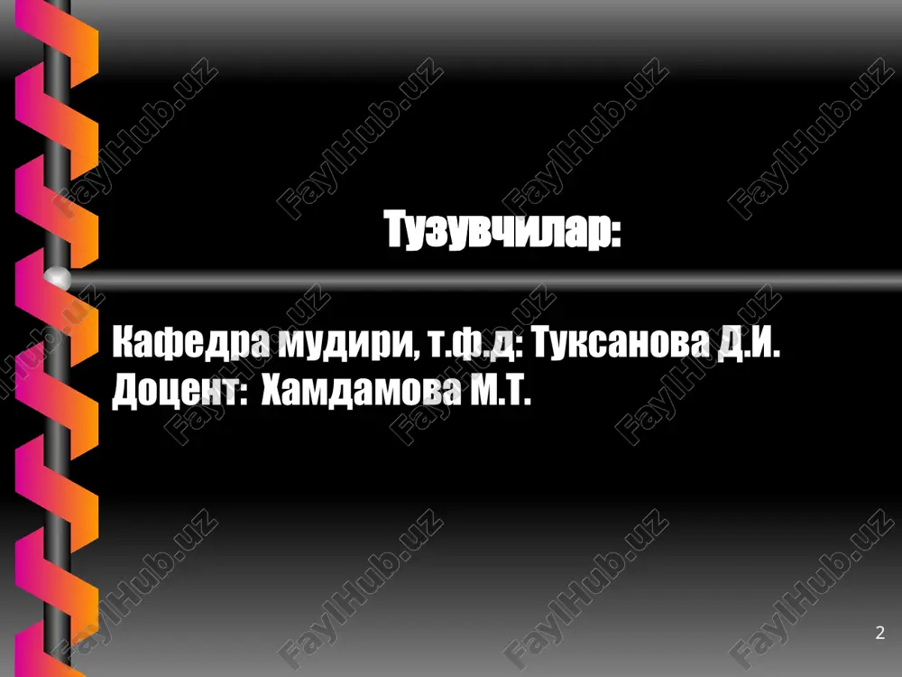 m etgan bo'lsa uni muddatidan o'tgan xomiladorlik deb atashadi. bunaka xomiladorlikdan tug'ilgan chaqaloqda o'tib ketganlikga xos belgilar kuzatiladi. o'tib ketishni uchrashi taxminan 11,5% ni tashkil etadi. 12 muddatidan o'tib ketishni xavfi nimada? ona tomonidan asoratlar: yirik homila, klinik tor chanoq; operativ tug'ruq; gipotonik qon ketishi; chilla davri septik kasalliklar; tug'ruq yo'llar jaroxatlari (yirtilish, oqma hosil bo'lishi). 13 neonatal asoratlar chaqaloqni kasallanish va nobut bo'lishi xavfi baland; chaqaloq asfiksiyasi rivojlanishi; qog'onoq suvlari aspiratsiyasi; yirik homilada tug'ruq travmasi bo'lishi mumkin. 14 terini rangi ko'kimtir; teri matseratsiyalangan («chumilgan» tovonlar va kaftlar); muddatidan o'tib ketish belgilari: moyli surtma oz miqdorda; qog'onoq pardalari va kindik tizimchasini ko'k rangga bo'yalishi; teri tonusi pasayishi, bolani chollarga o'xshab qolishi. choklarni va liqildoqlarni torayishi. boshni konfiguratsiyasi aniqlanmaydi; boshni suyaklari qattiq; 15 muddatidan o'tib ketish sabablari: bolalikda infektsion kasalliklarni boshdan kechirganligi; egk, endokrin kasalliklar infantilizm; psixik jaroxatlar; homila va homila boshi noto'g'ri joylanishi va turishi; tug'ruq mexanizmi buzilishi. 16 homiladorlik …