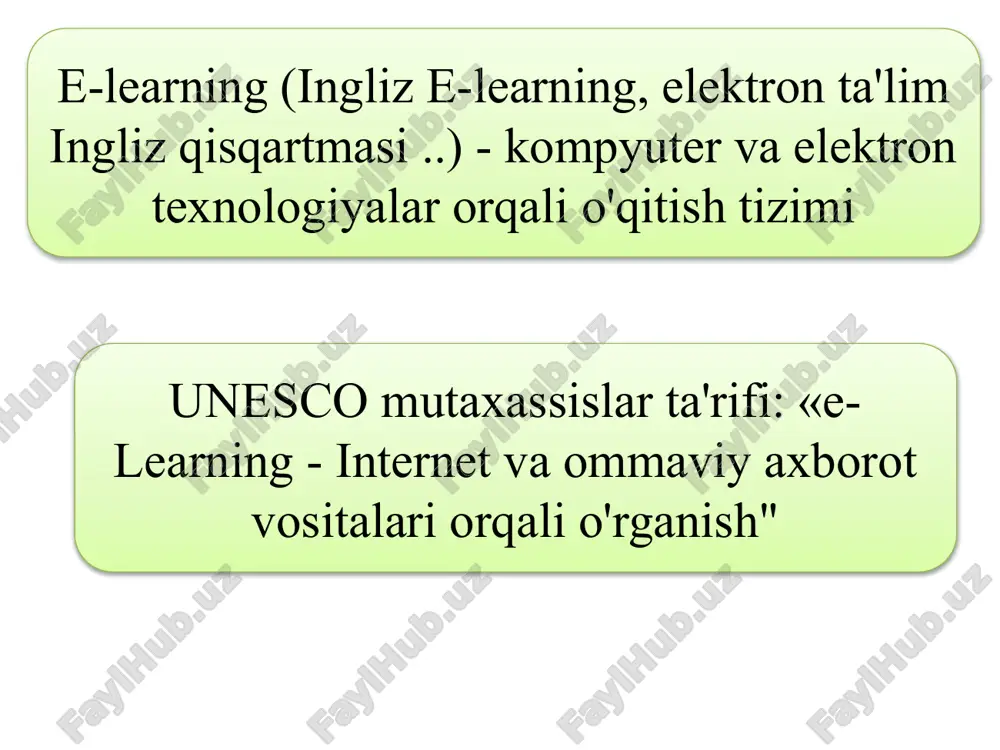 ining dizaynidan, navigasiyadan, qulaylik va testlashdan iboratdir. resurslarni ta'minlash elektron ta'limning ushbu jihati o'z ichiga onlayn ta'minlashni va to'liq o'qitishni ta'minlash uchun zarur bo'lgan resurslarni oladi. tahlil elektron ta'limni baholash (tahlil qilish) o'quvchilarni baholash kabi o'qitishni va ta'lim muhitini baholashdan iborat. e-o'qitish o'z ichiga quyidagilarni oladi: pda, uyali telefon, dvd-pleer, televidenie va boshqa shaxsiy kompyuter yordamida elektron materiallar bilan mustaqil ishlash; yordam, maslahat olish, masofadan hamkorlik uchun masofadan (geografik) eksperti (o'qituvchi), dan hisob-kitoblariga ko'ra; tarqalgan bir foydalanuvchi hamjamiyati (ijtimoiy tarmoqlar), etakchi virtual umumiy o'quv faoliyatini yaratish; e-o'rganish materiallar soat o'z vaqtida etkazib berish; elektron o'quv materiallar va texnologiyalar, masofaviy ta'lim vositalari uchun standartlar va xususiyatlari; e-o'qitish o'z ichiga quyidagilarni oladi: uning oddiy faoliyatining samaradorligini oshirish, shakllantirish va korxona va guruh bo'linmalari va zamonaviy axborot texnologiyalari mahorati barcha rahbarlari uchun axborot madaniyatini takomillashtirish; innovatsion ta'lim texnologiyalarini rivojlantirish va rag'batlantirish, ularning o'qituvchilari transfer; ta'lim veb resurslarini rivojlantirish; har qanday vaqtda va har …